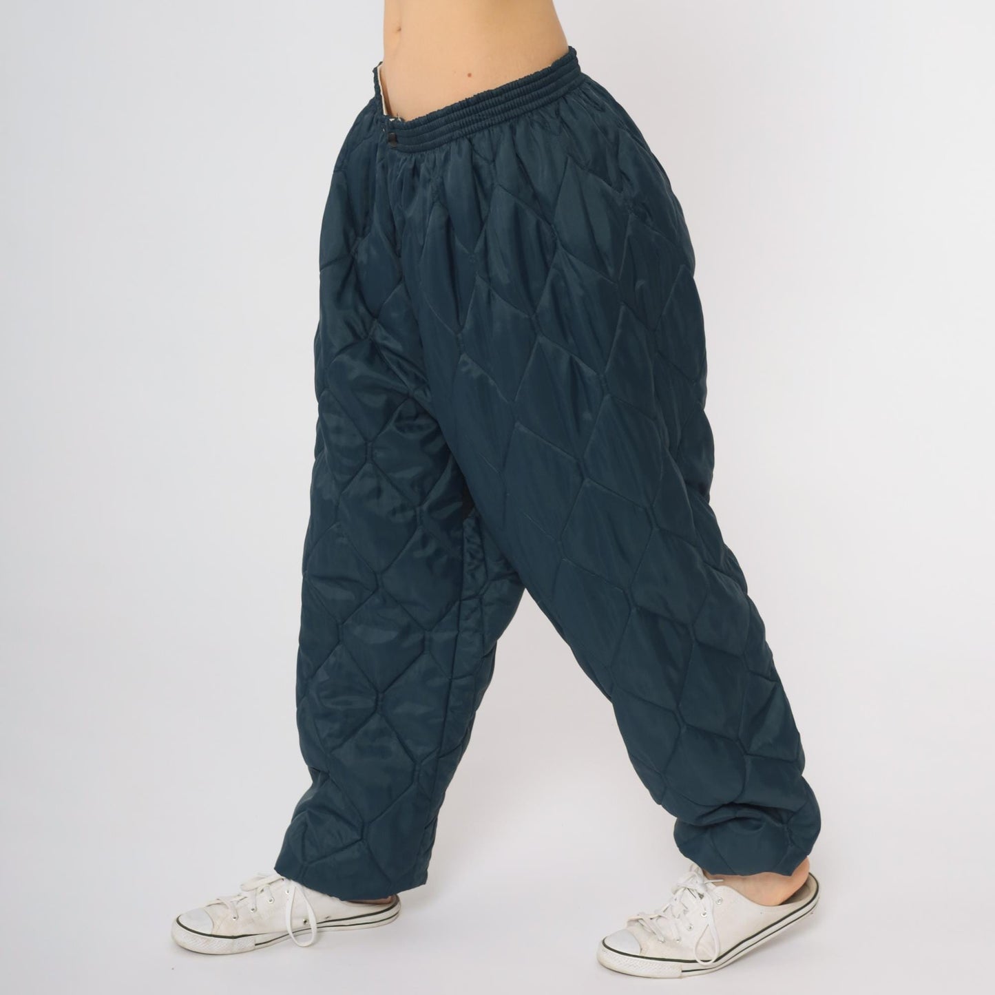 80s Navy Quilted Pants Diamond Pattern Elastic Waist Baggy Extra Large XL