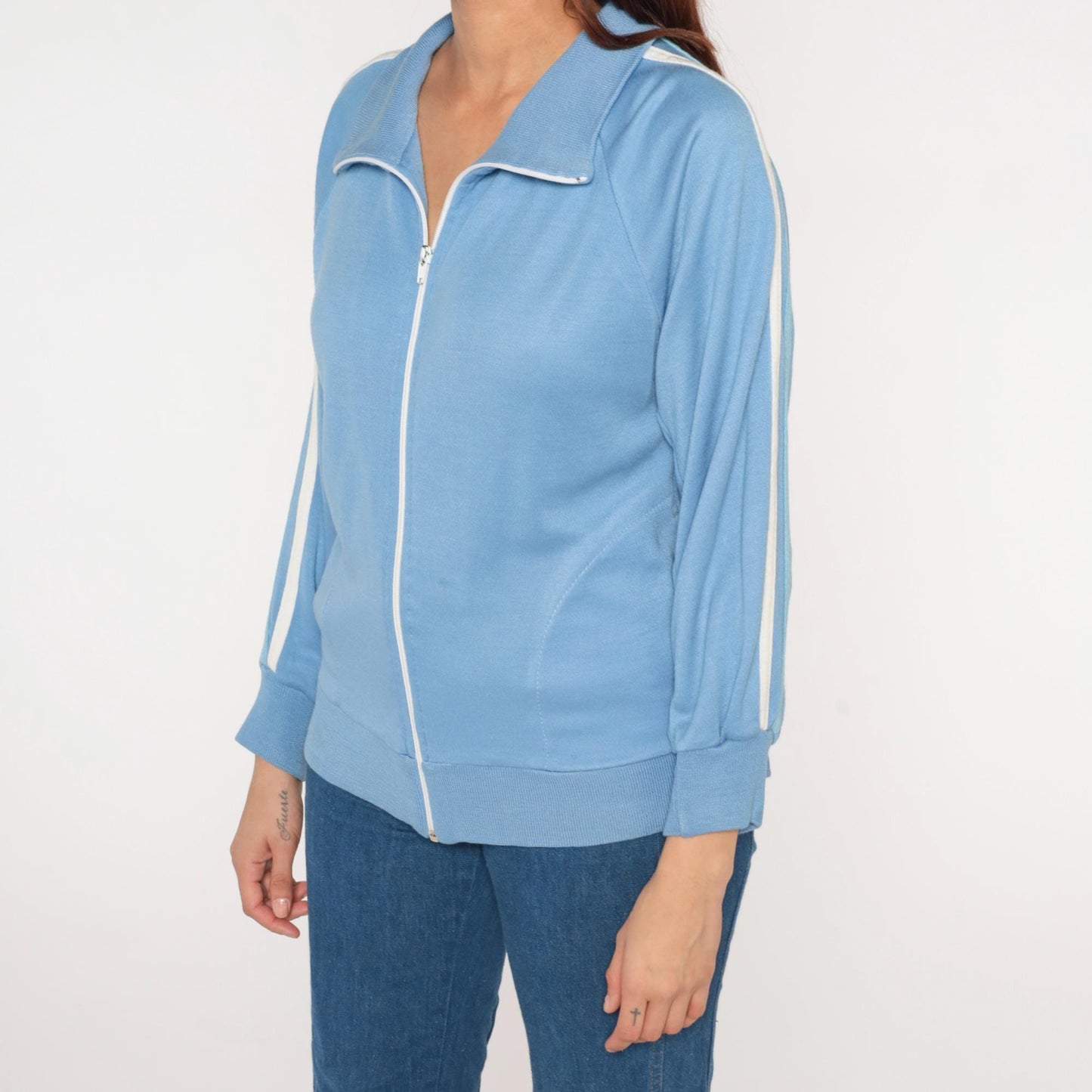 70s Track Jacket Baby Blue Striped Zip-Up Raglan Warmup Small