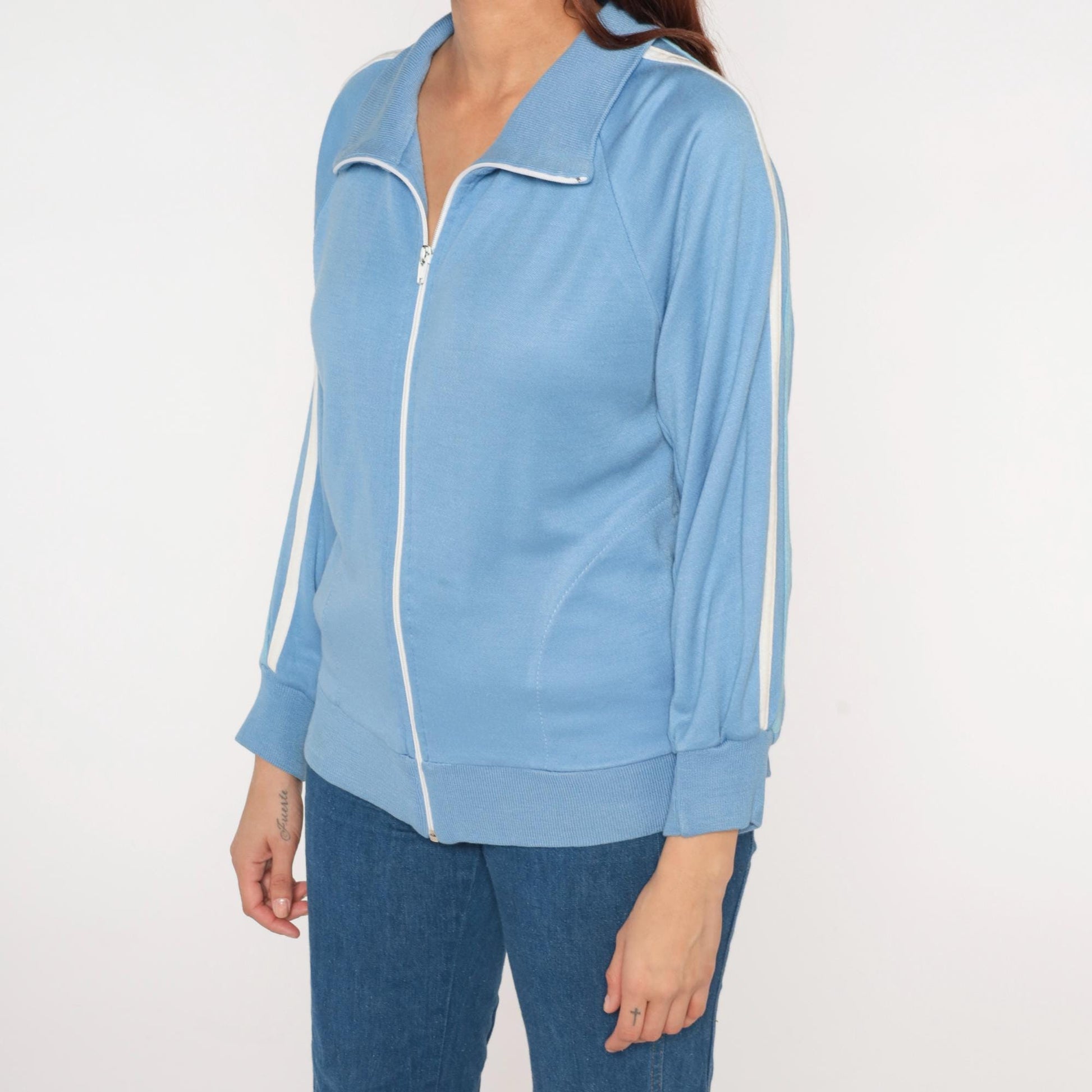 70s Track Jacket Baby Blue Striped Zip-Up Raglan Warmup Small