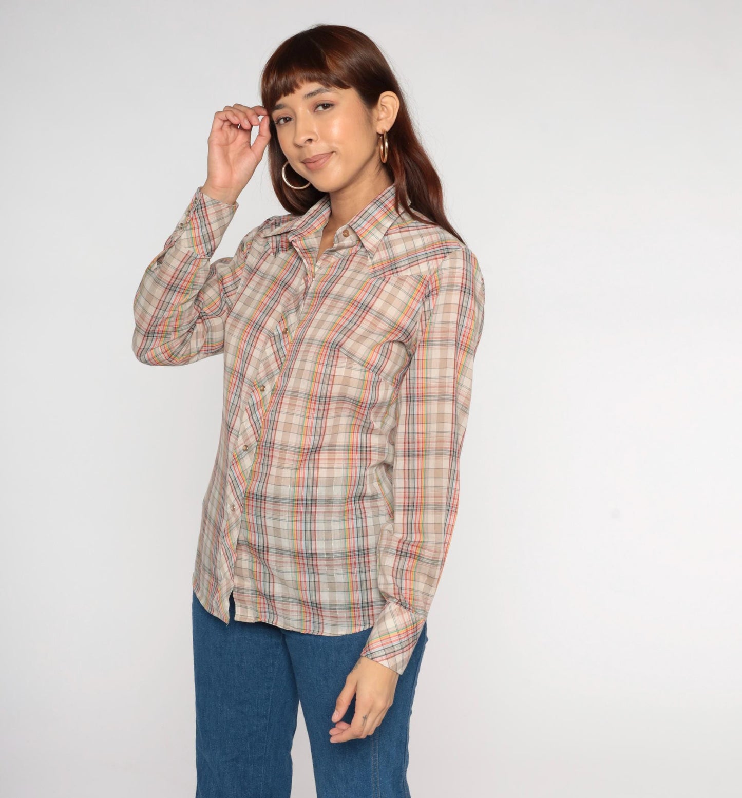 70s Western Pearl Snap Shirt Metallic Plaid Tan Red Green Navy Small