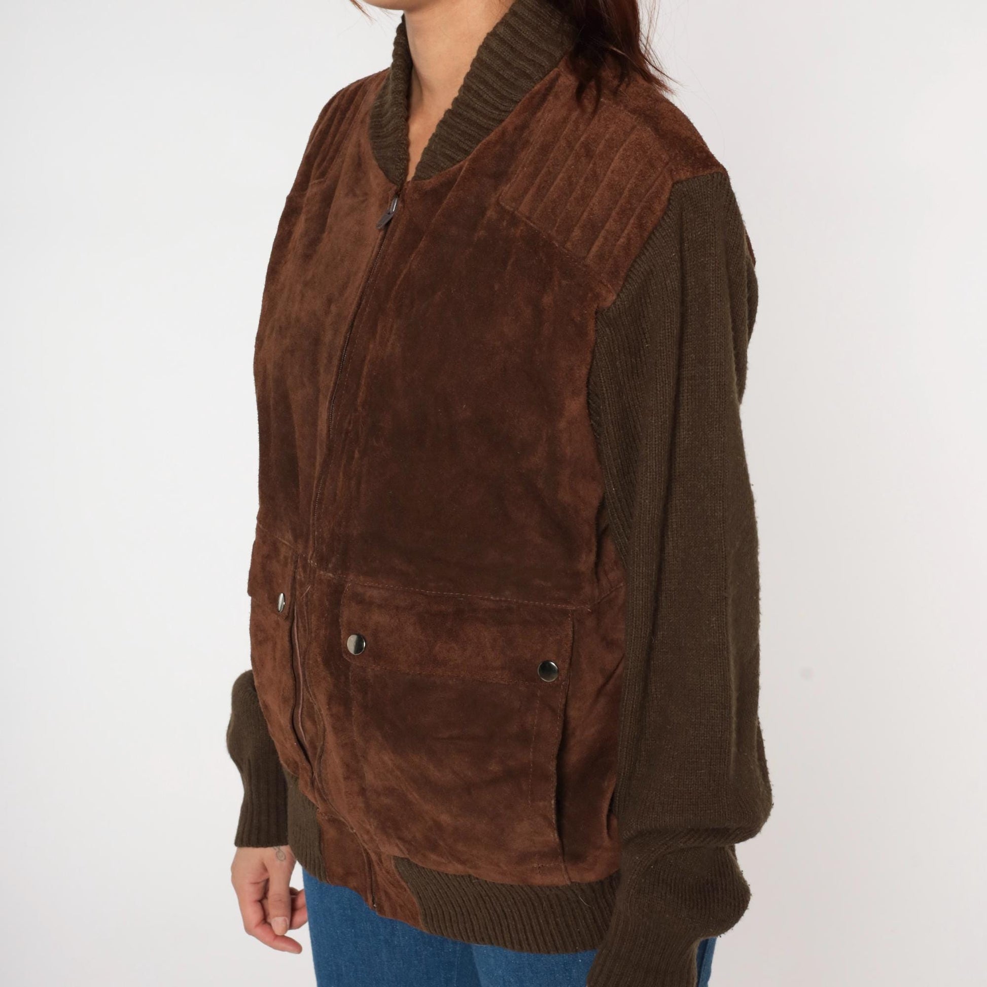 80s Brown Suede Bomber Jacket Knit Sleeves Zip Front Unisex Extra Large XL