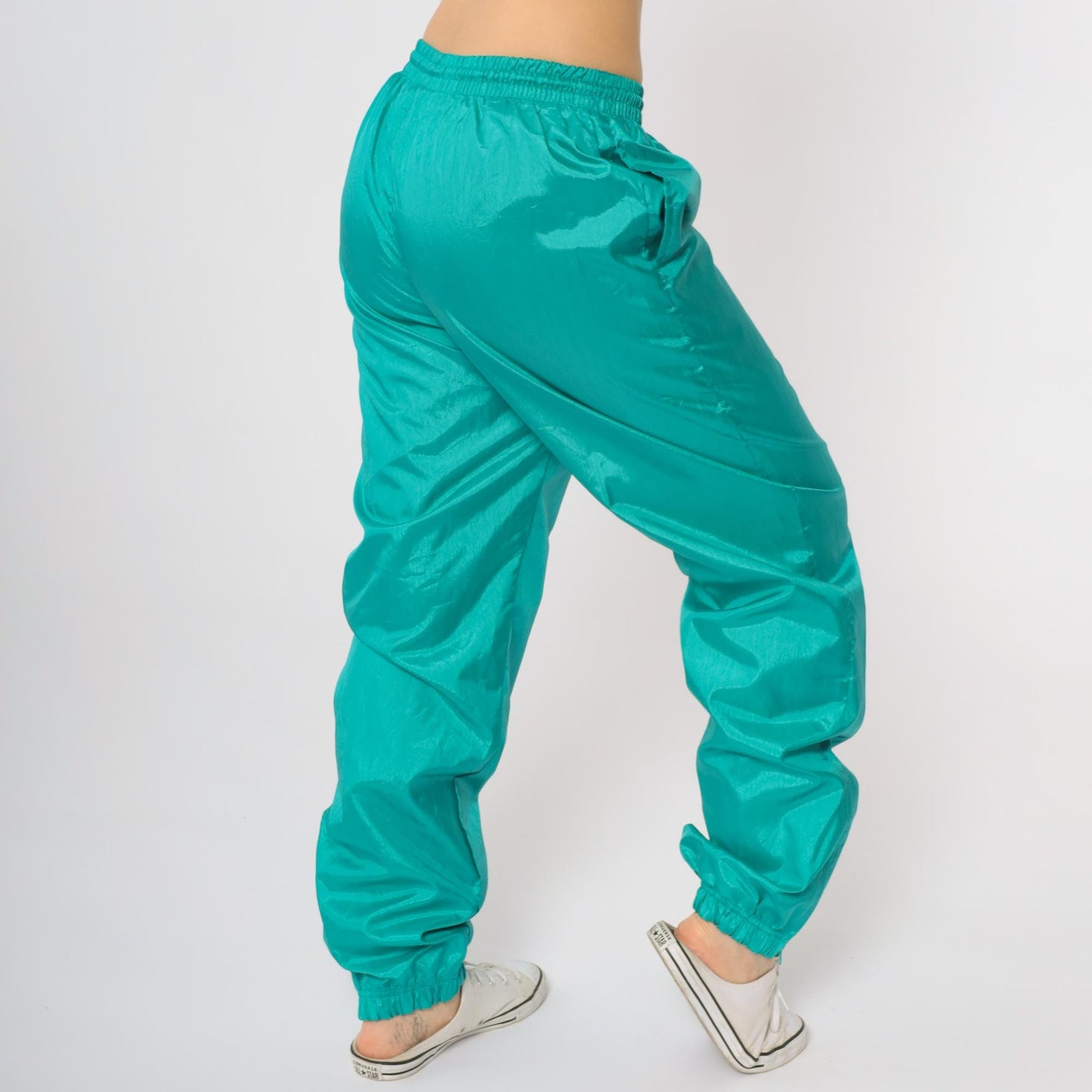 80s Teal Green Windbreaker Track Pants Elastic Waist Cuffed Small