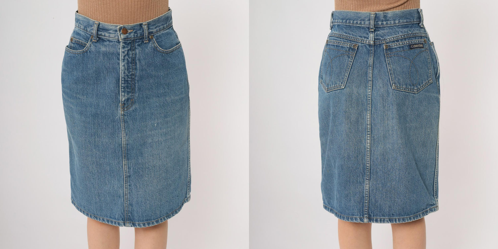 90s Calvin Klein Denim Mini Skirt High Waist Button Front Medium Blue Size 10