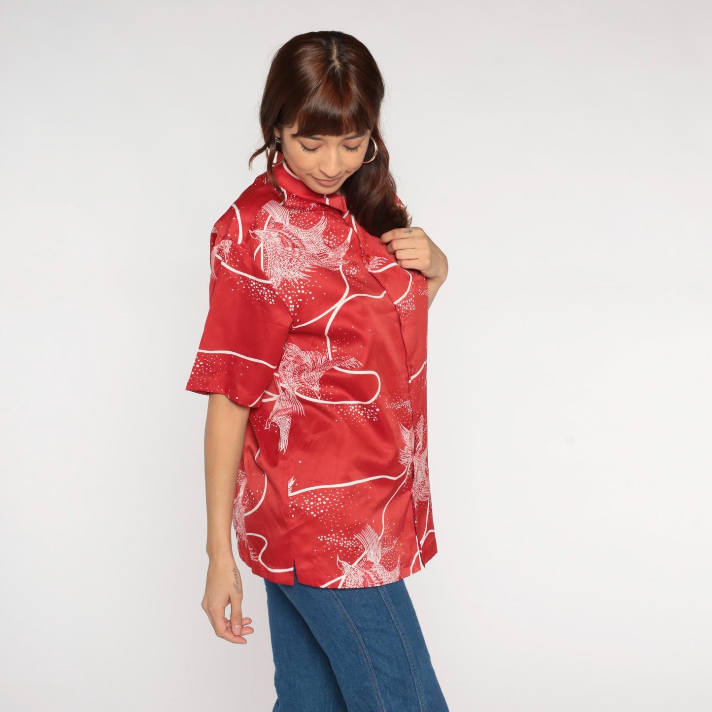 70s Tori Richard Red Koi Fish Hawaiian Shirt Button Front Large L