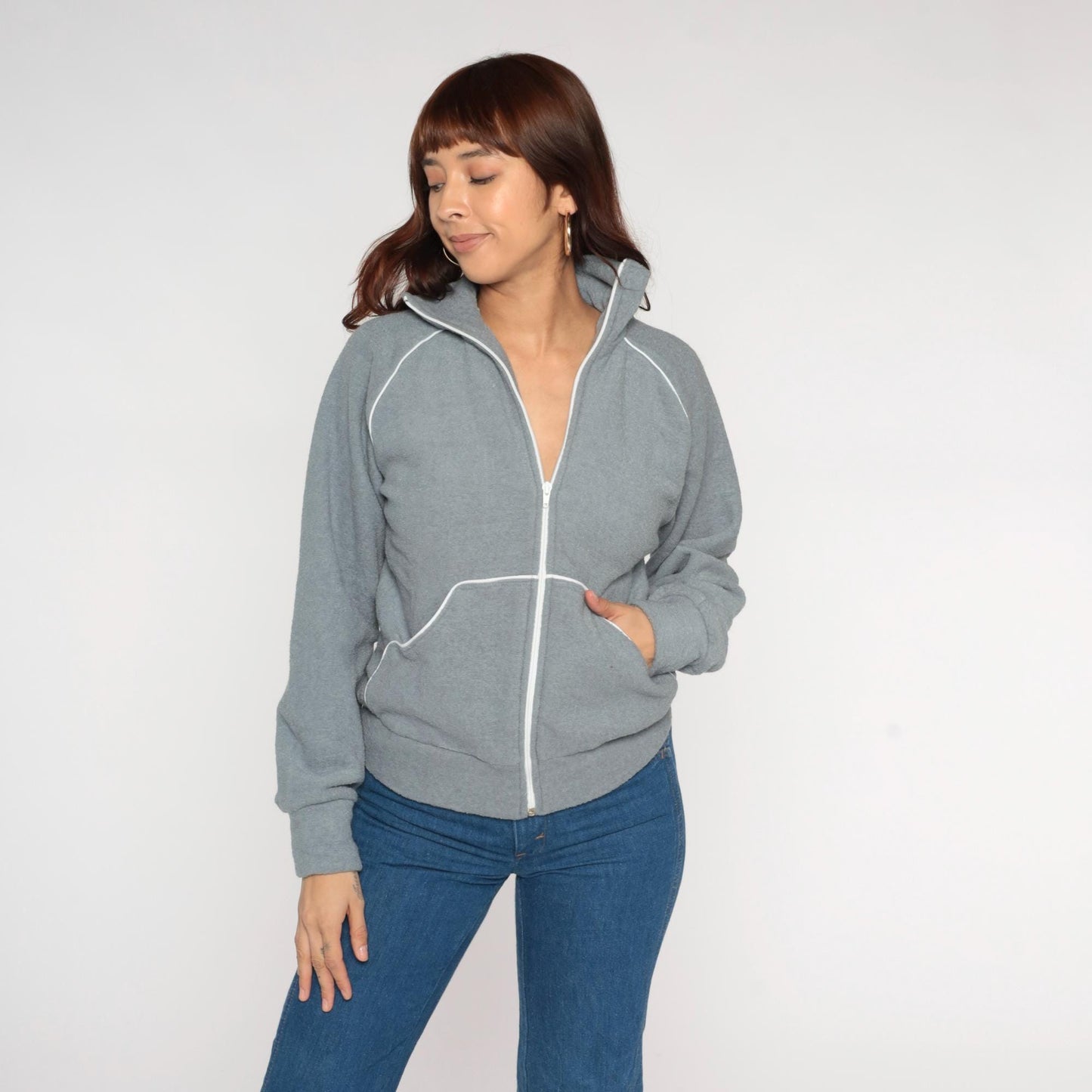 80s Jaguar Grey Zip-Up Sweatshirt White Piping Collar Small S