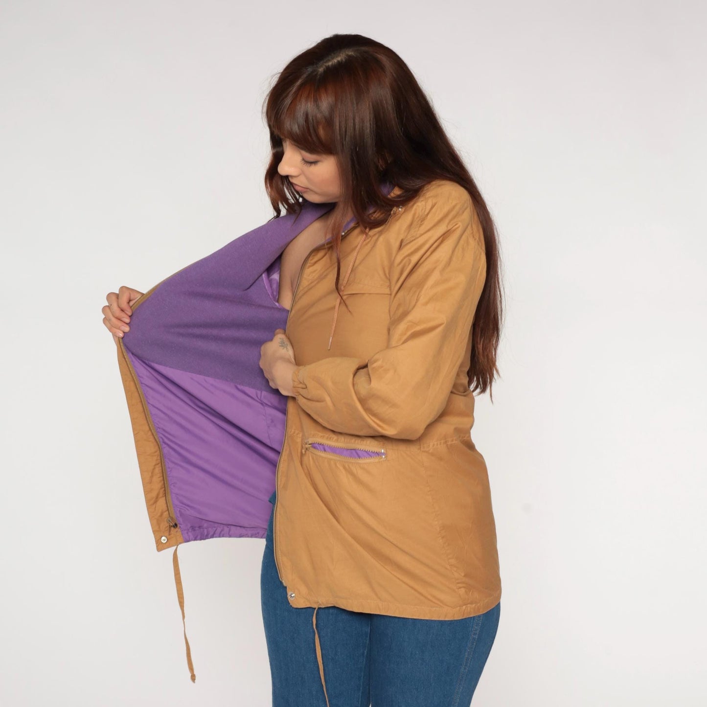 80s Aspen Tan Windbreaker Hood Zip Front Jacket Purple Lining Small