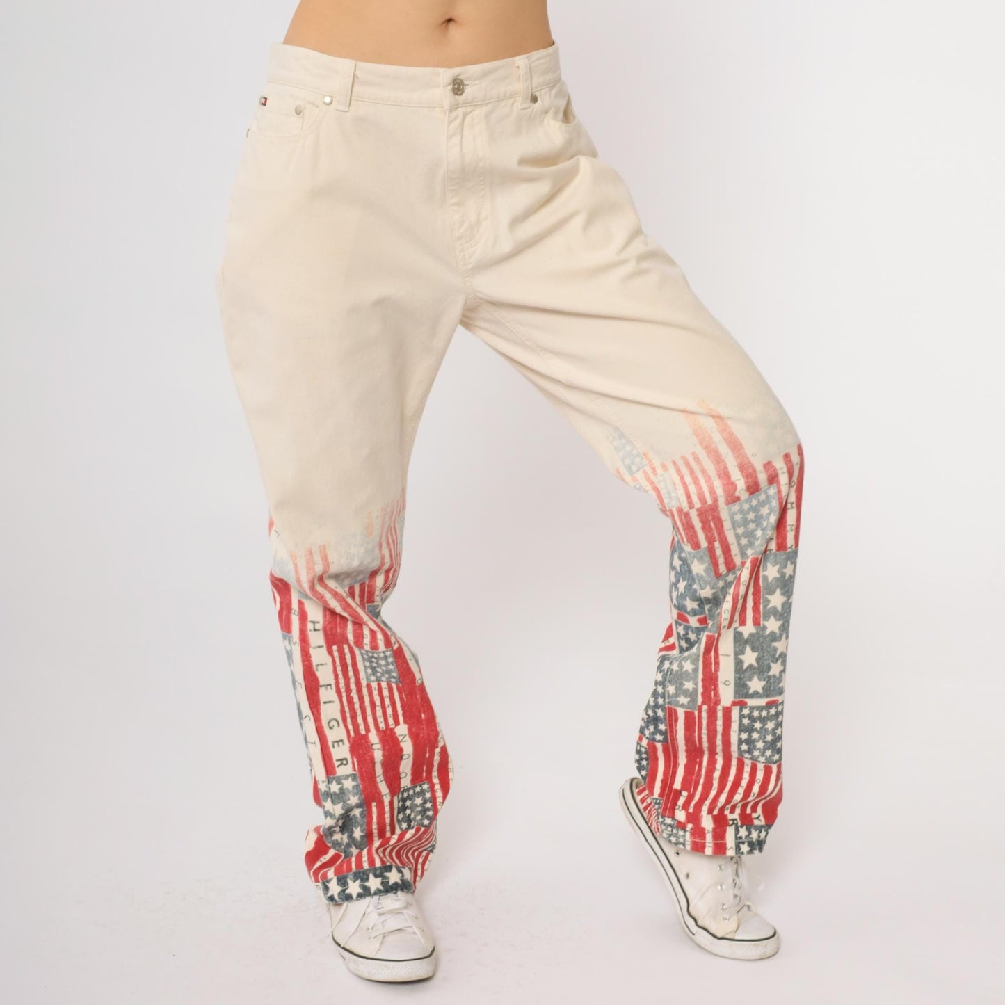Y2K Tommy Hilfiger Flag Print Denim Jeans Off-White Distressed Wide Leg Size 10