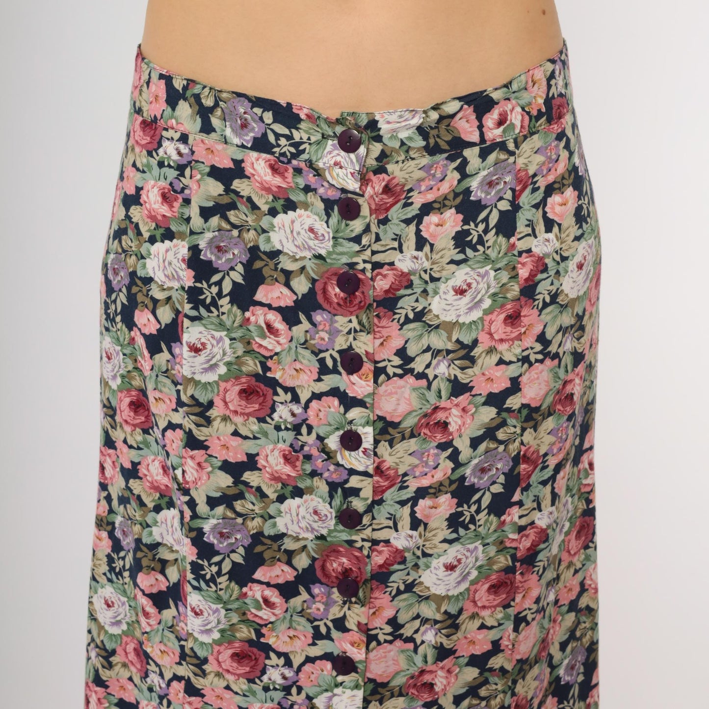 90s Navy Floral Maxi Skirt Button Front Rose Print Long Large L