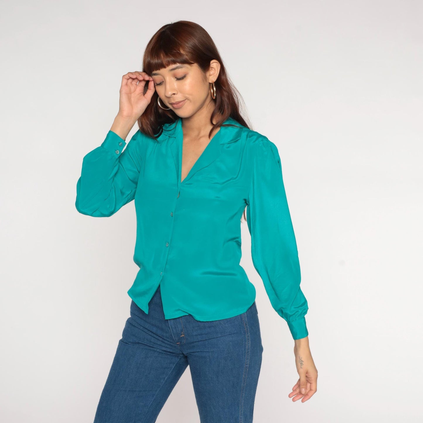 80s Teal Green Button-Up Shirt Christy Ann Short Sleeve Blouse Small