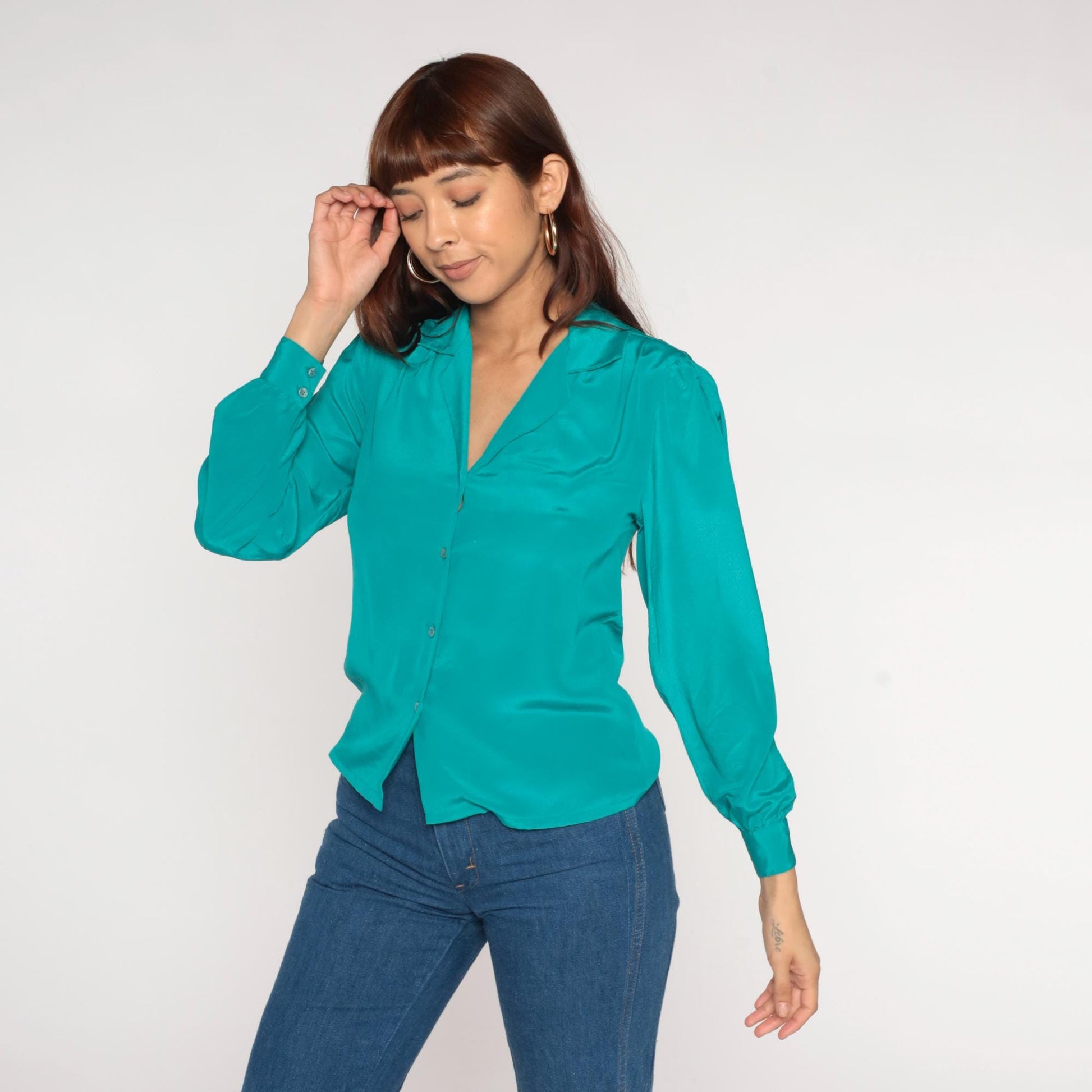 80s Teal Green Button-Up Shirt Christy Ann Short Sleeve Blouse Small