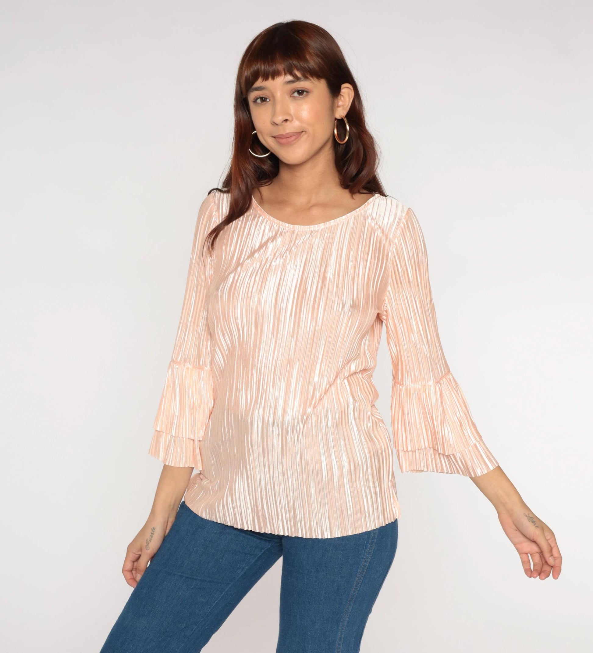 80s Pink Metallic Pleated Blouse Long Sleeve Ruffle Bell Cuffs Medium