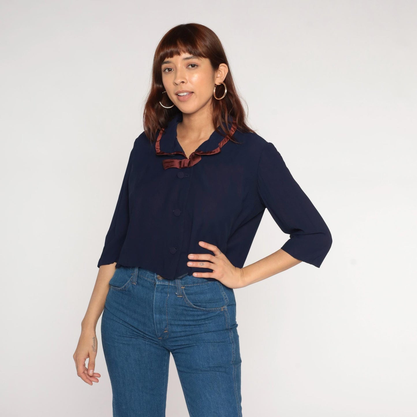 60s Puritan Forever Young Navy Blouse Rust Satin Collar Cropped Medium Large