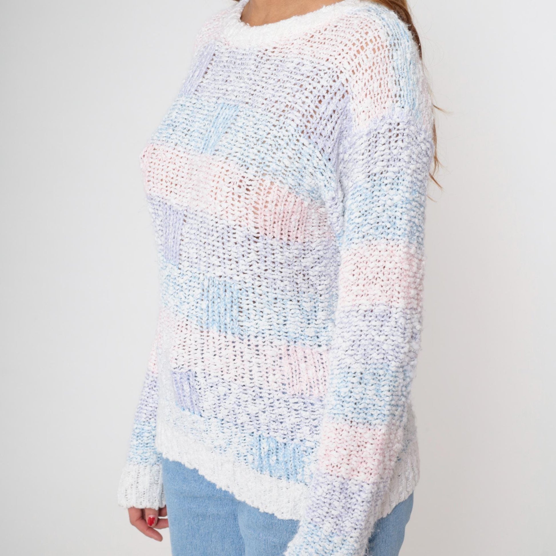 80s Striped Popcorn Knit Sweater Baby Pink Blue Purple Puff Sleeve Small