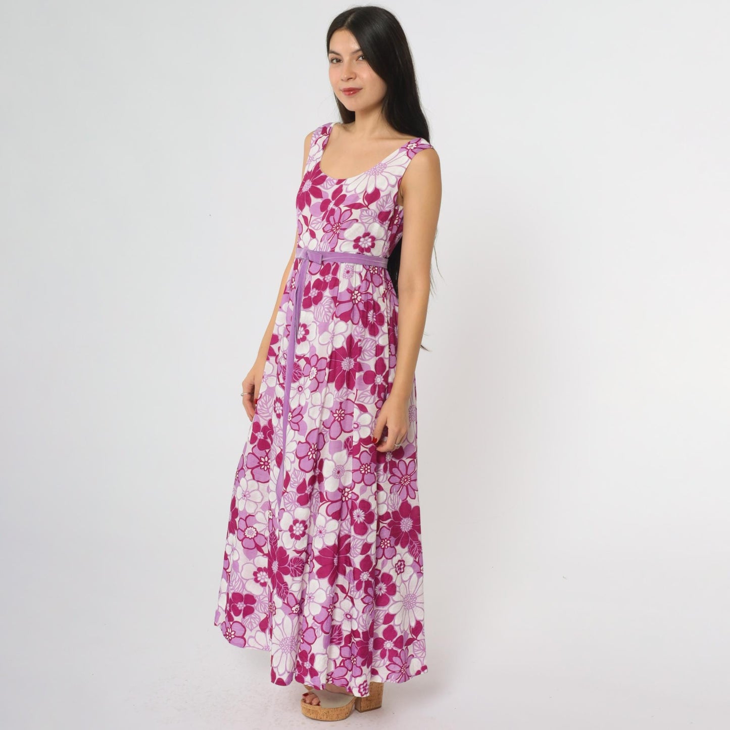 70s Floral Maxi Dress Pink Purple Daisy Print Sleeveless Small