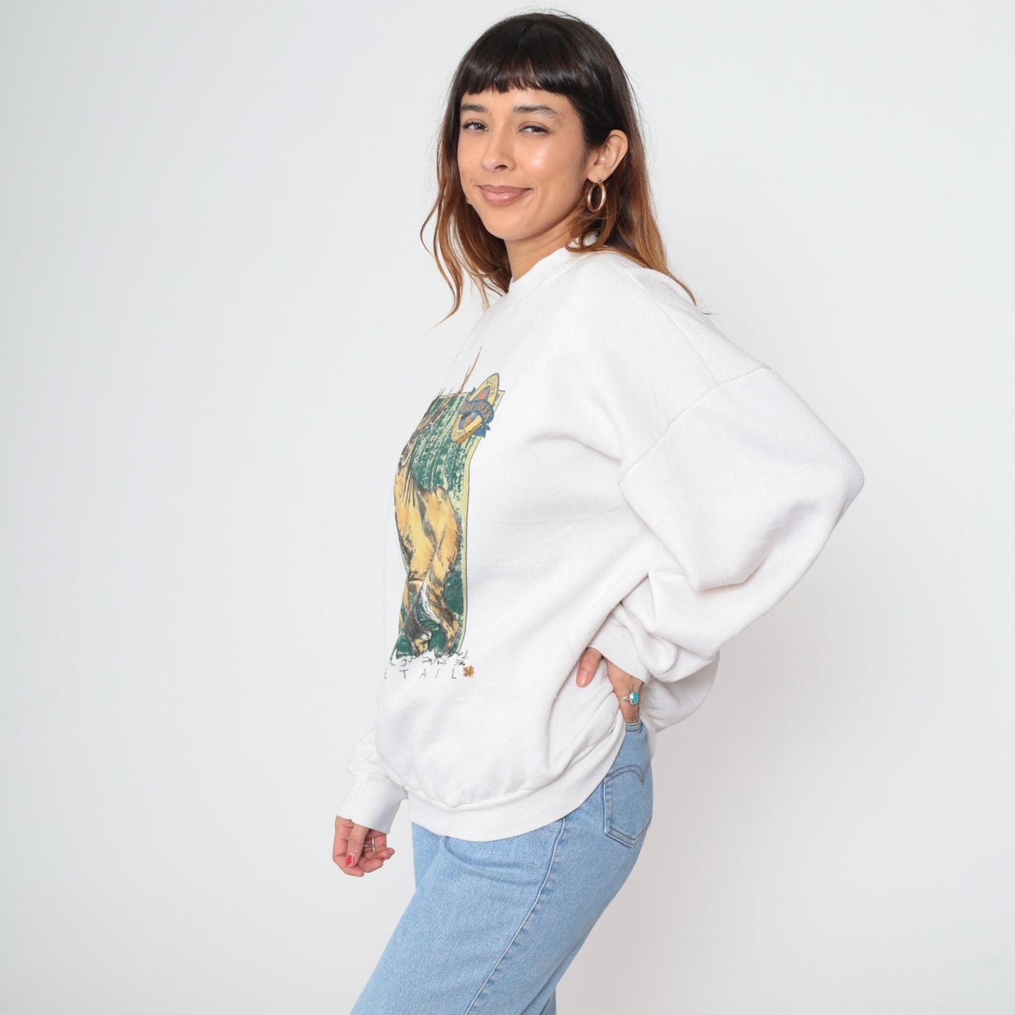 90s White Tail Deer Graphic Sweatshirt Off White Crewneck Pullover Extra Large
