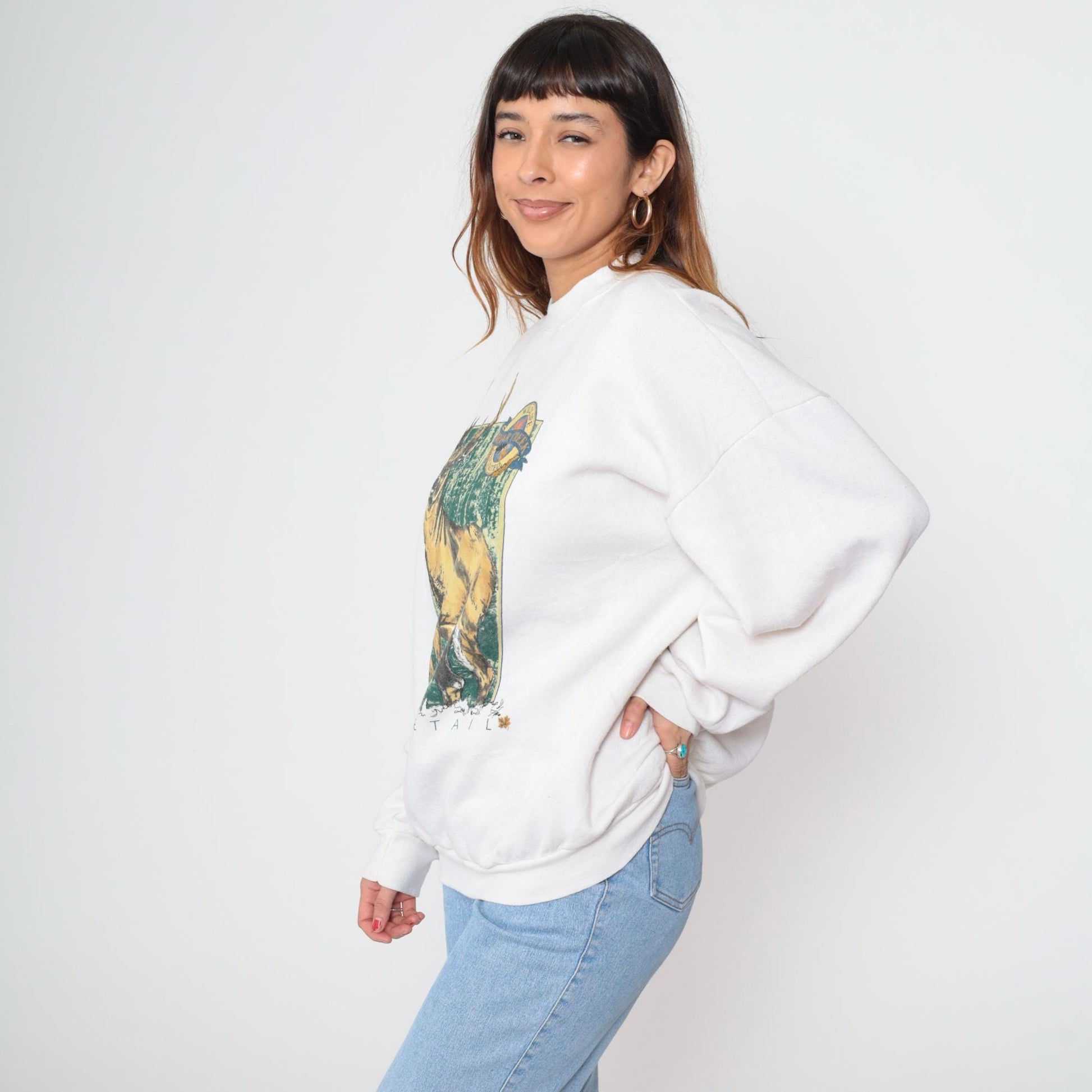 90s White Tail Deer Graphic Sweatshirt Off White Crewneck Pullover Extra Large