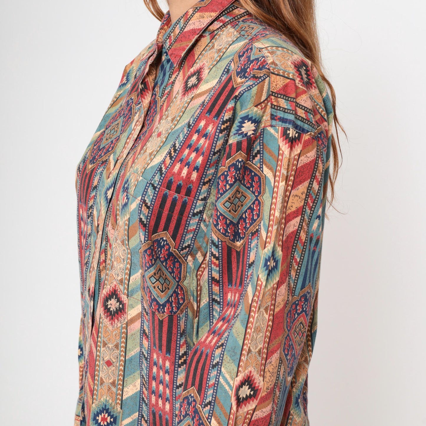 90s Margo's Southwestern Tribal Print Button-Up Shirt Cotton Large L
