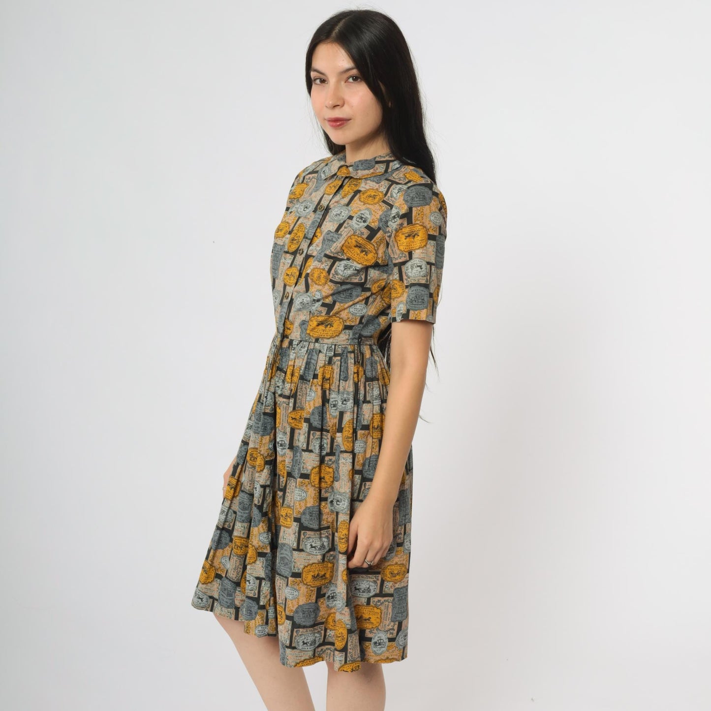 60s Novelty Advertisement Print Dress Yellow Grey Collar Button Front Knee Length Extra Small XS