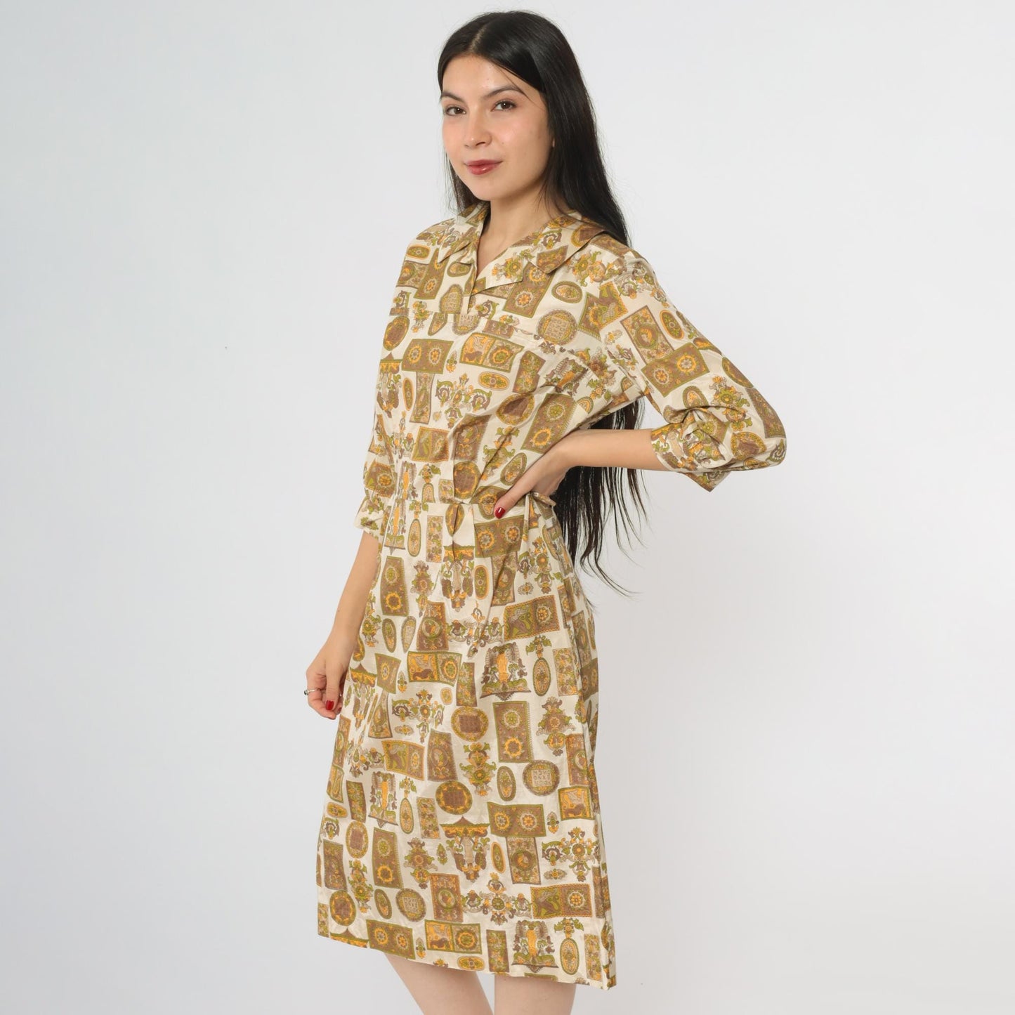 60s Medallion Print Dress Quarter Sleeve Collar Button Midi A-Line Brown Orange Large L