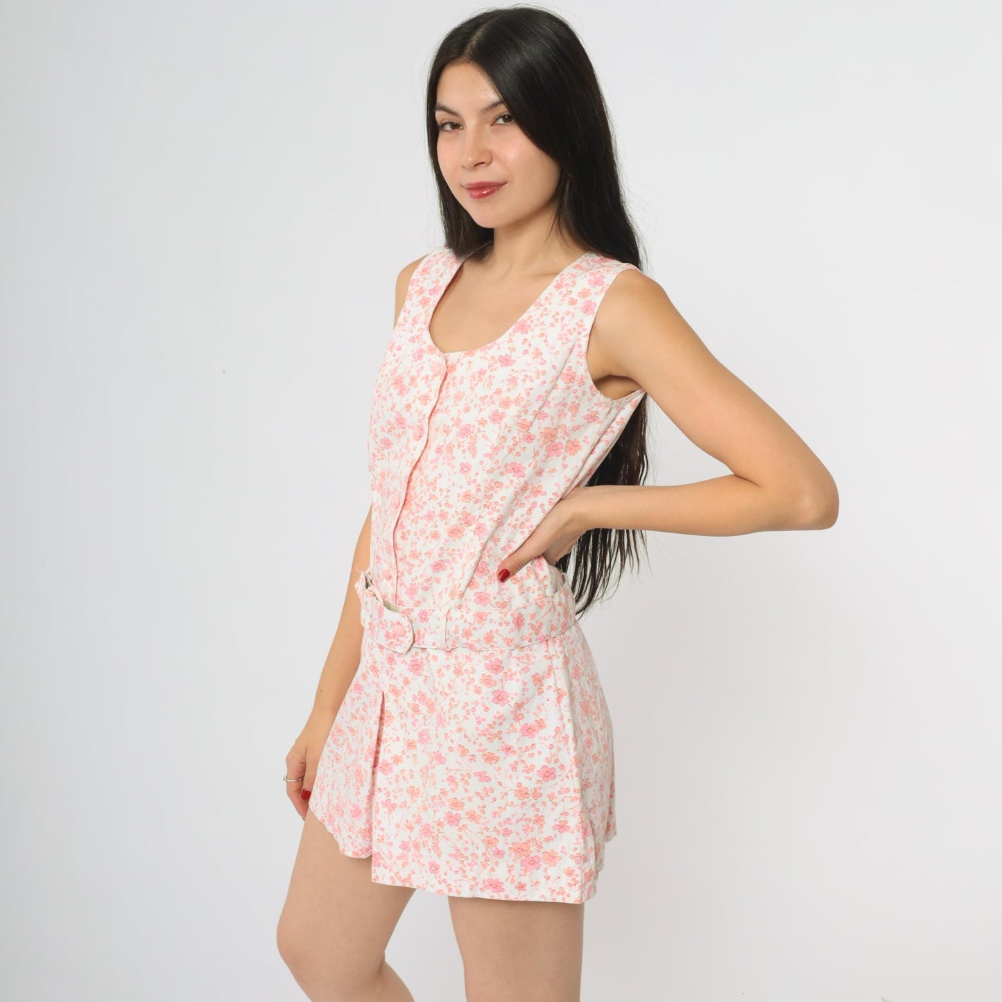 60s Pink Floral Romper Sleeveless Button Front Tie Belt Mini Playsuit Small