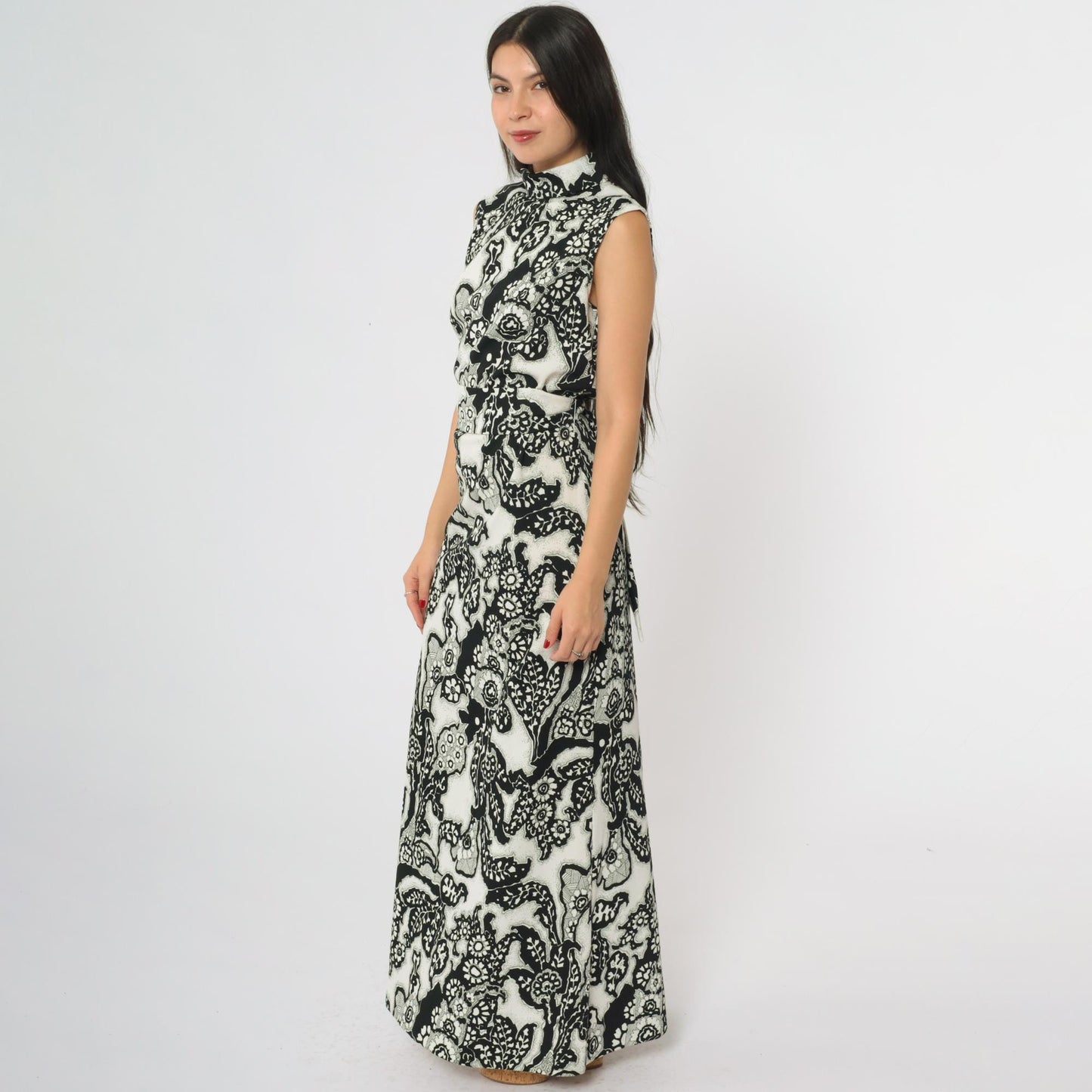 70s Chapter Two Paisley Maxi Dress Black White Mock Neck Sleeveless Medium