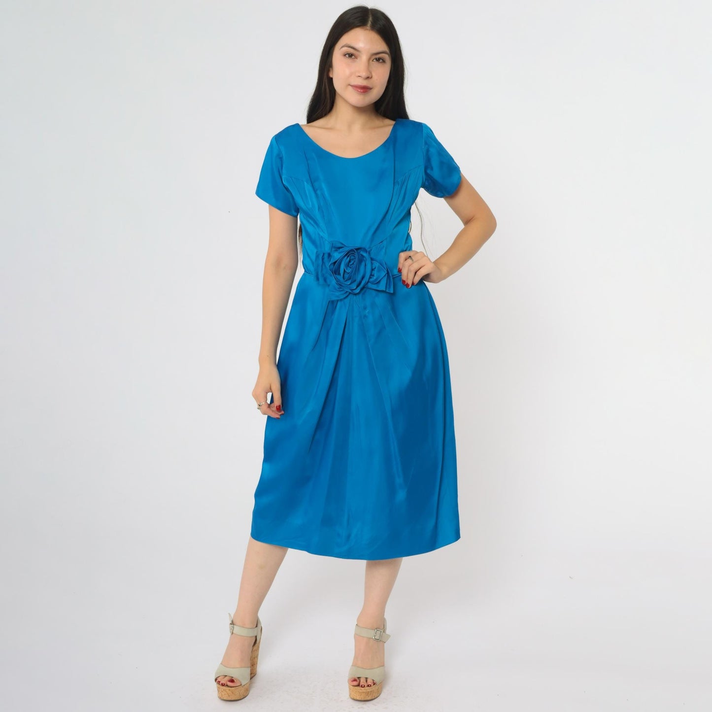 60s Royal Blue Cocktail Dress Rose Belt A-Line Scoop Neck Large L