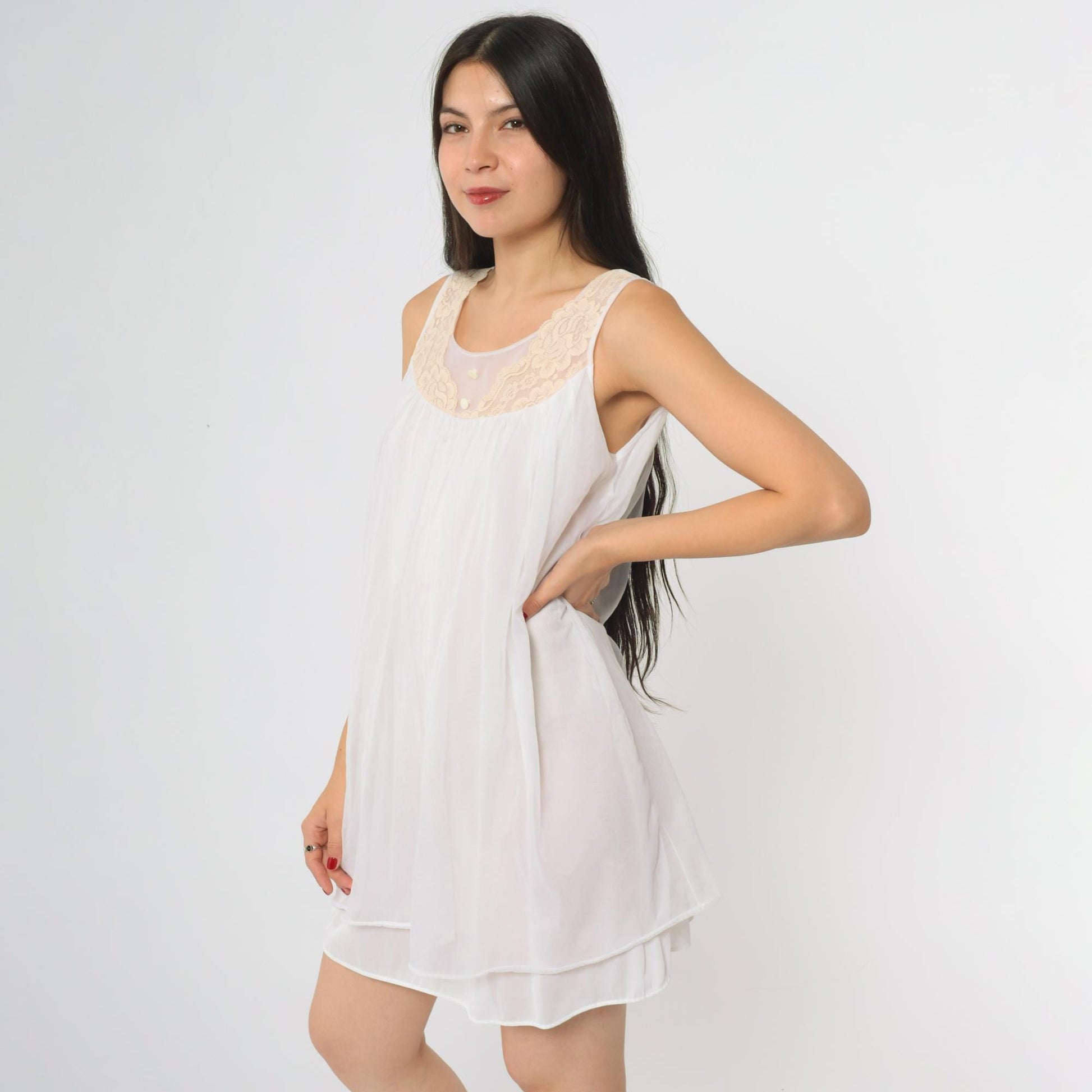 70s White Nylon Babydoll Nightgown Lace Yoke Sleeveless Knee-Length Medium