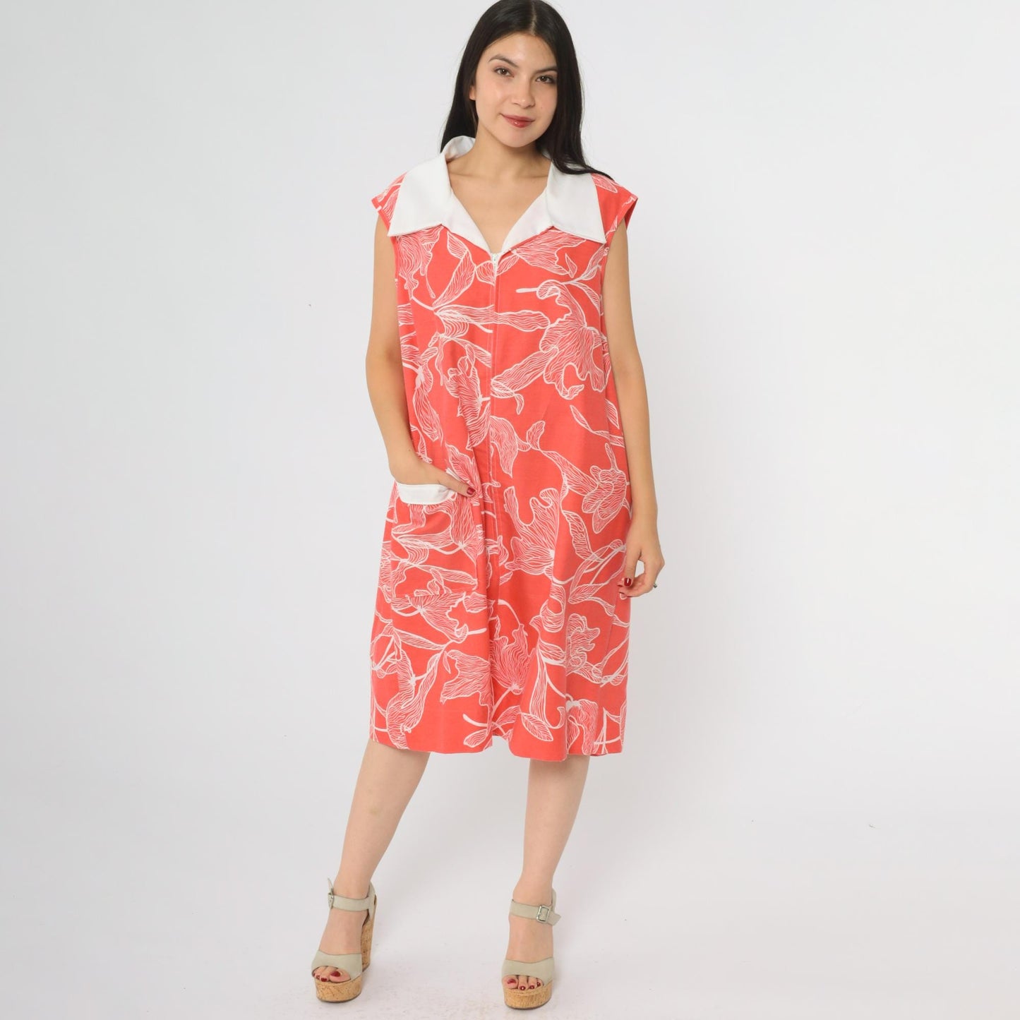 70s Komar Floral Shift Dress Coral Red White Lily Print Extra Large XL