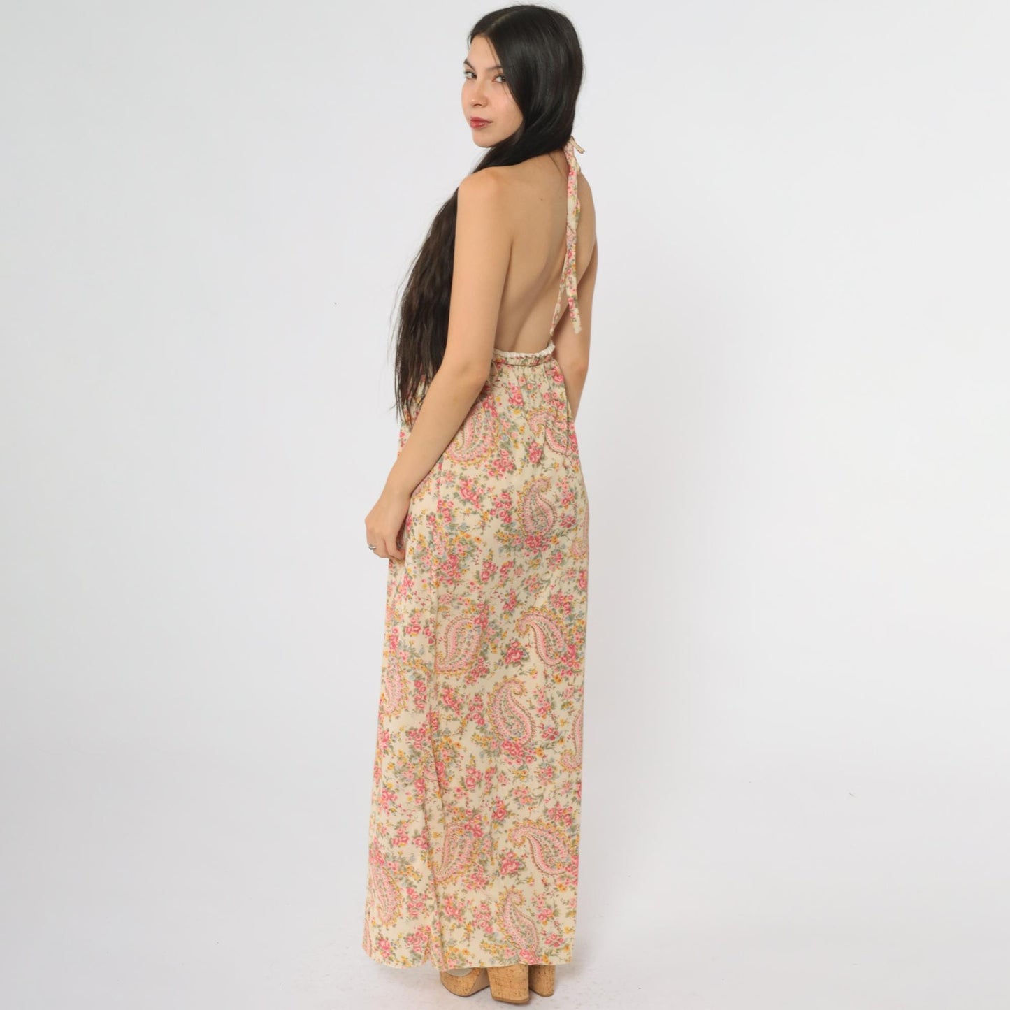 70s Pink Yellow Paisley Halter Maxi Dress Empire Waist Open Back Medium