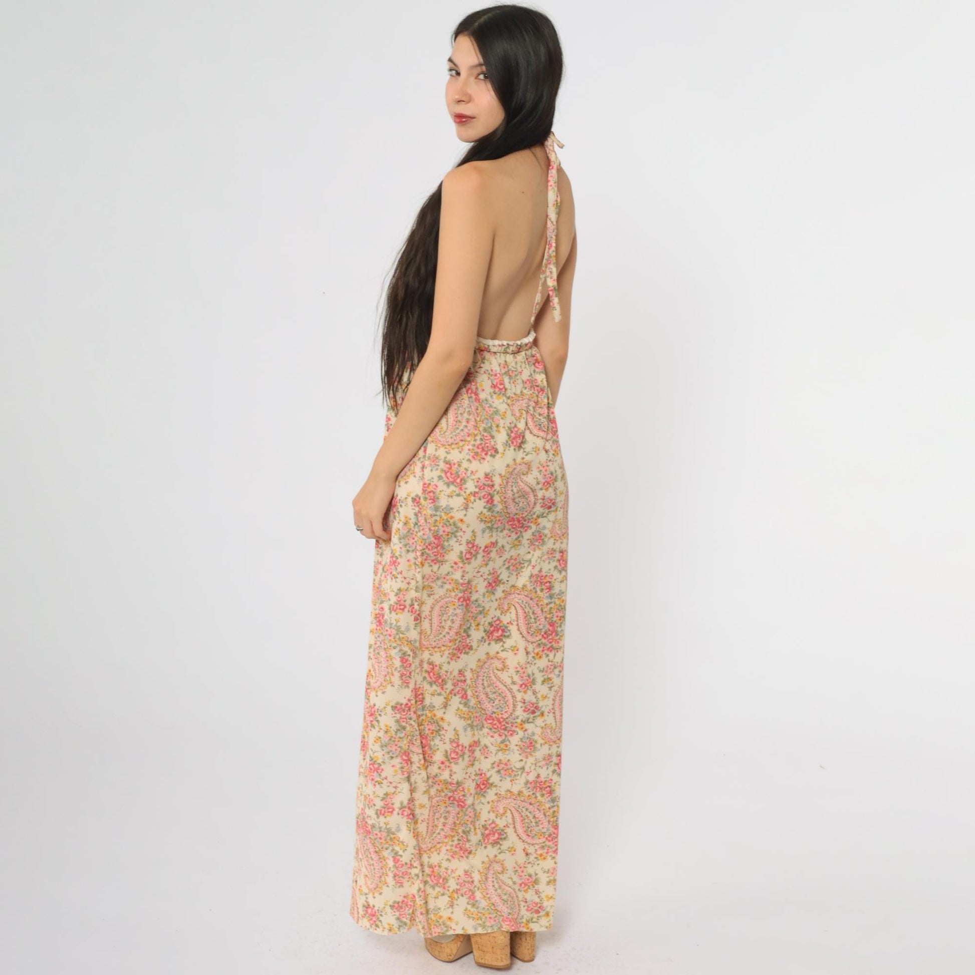 70s Pink Yellow Paisley Halter Maxi Dress Empire Waist Open Back Medium
