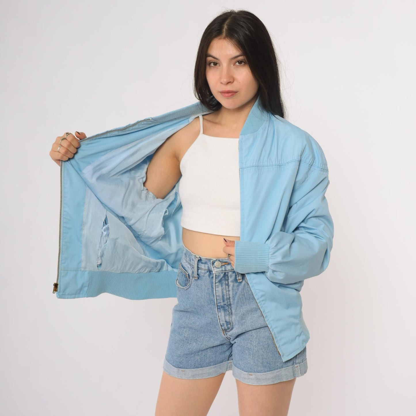 80s Baby Blue Bomber Windbreaker Jacket Light Blue Zip Up Athletic Extra Large XL
