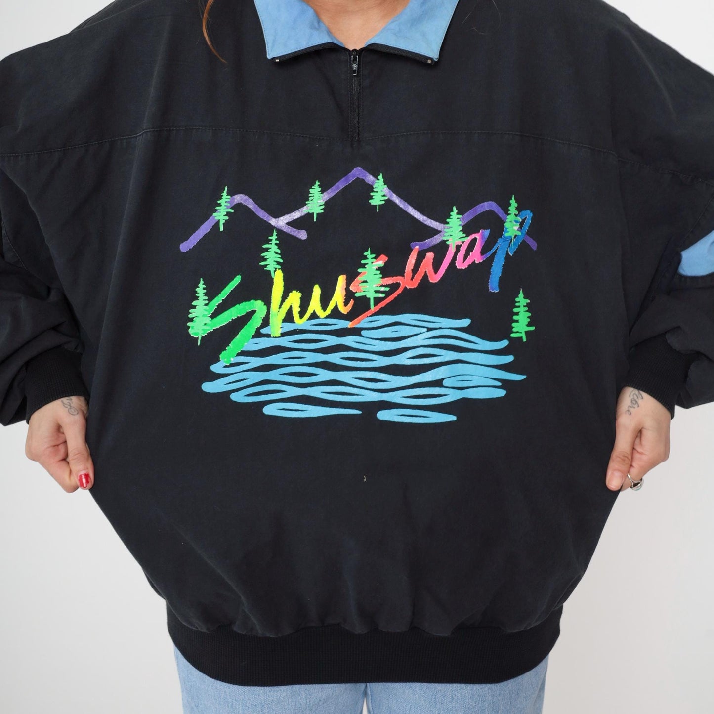 90s Shuswap Mountain Pullover Quarter Zip Black Colorblock Cotton Large