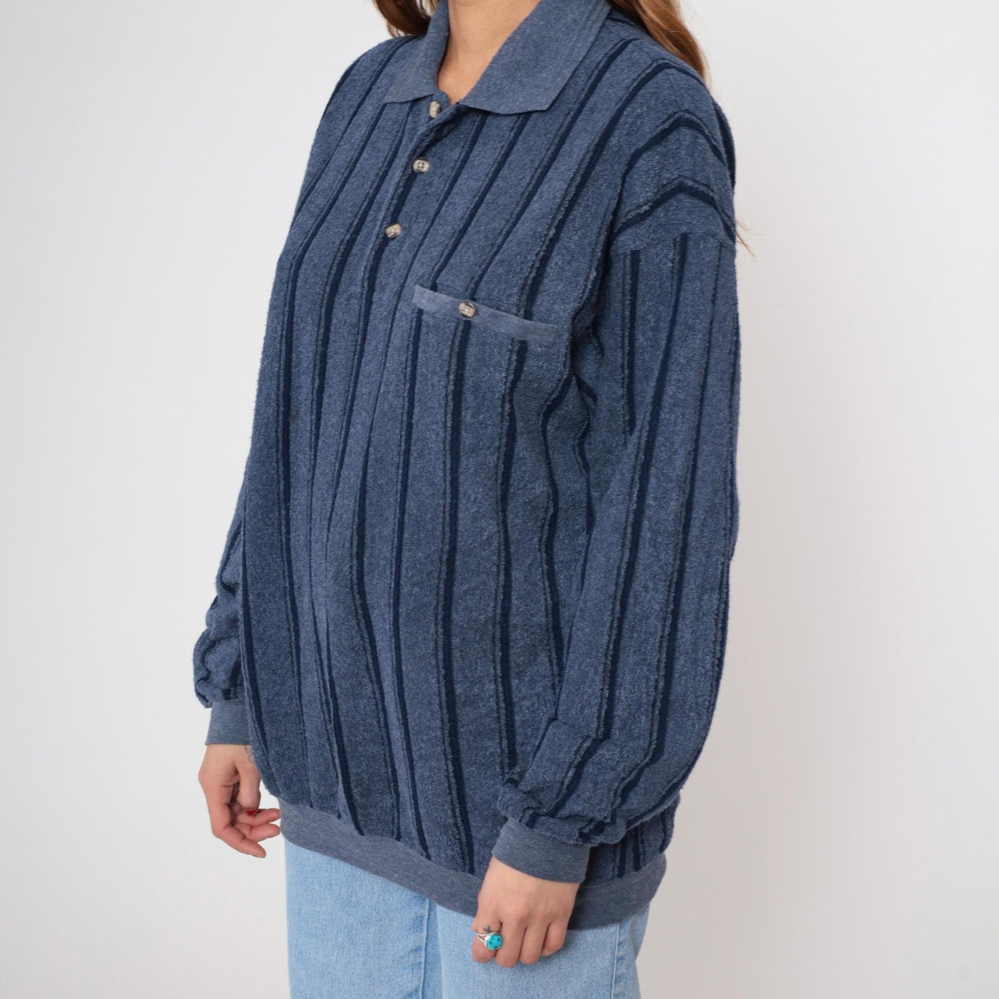 90s Navy Striped Henley Knit Sweater Button-Up Crewneck Large L