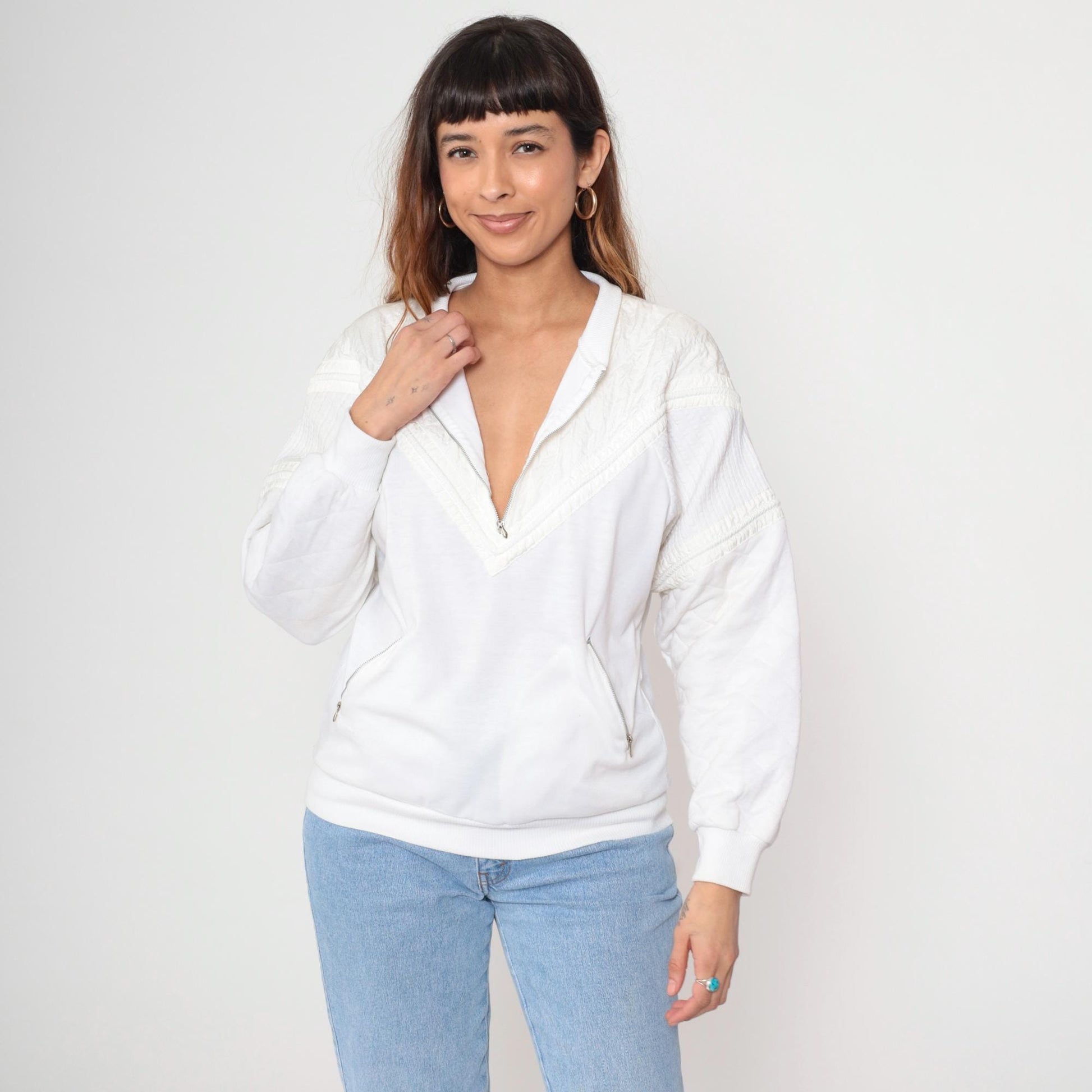 80s Marcy n Me White Quilted Zip Jacket Diamond Pattern Medium