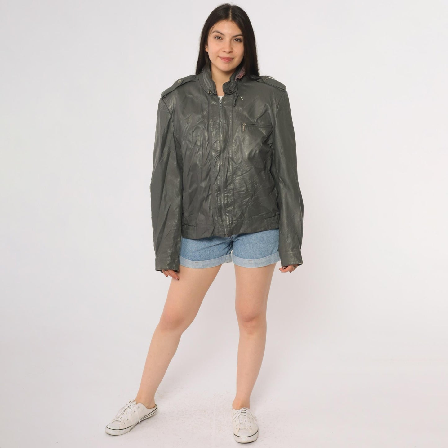 80s Oui International Leather Moto Jacket Deep Green Zip Epaulettes Large