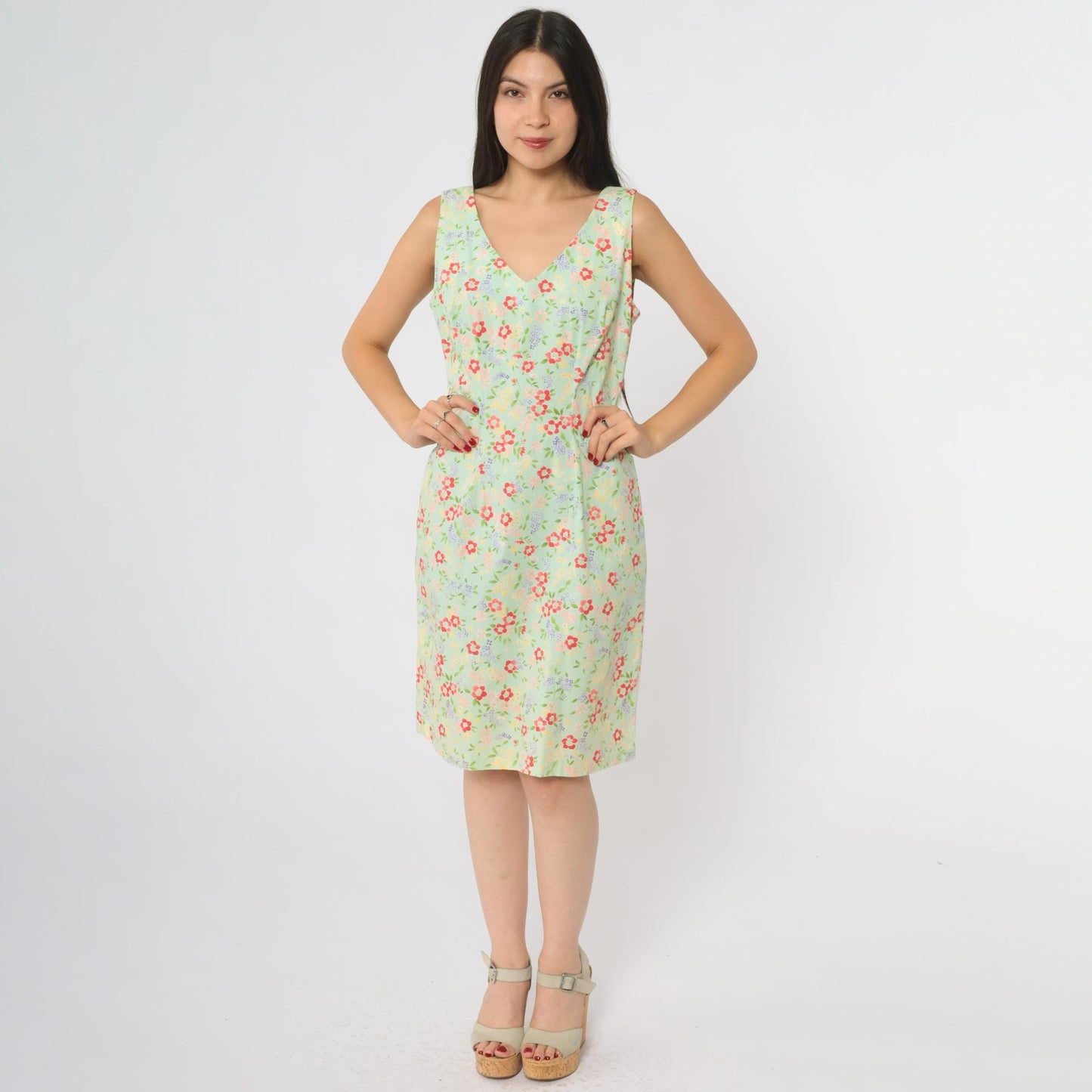 90s CDC Mint Floral Mini Dress Sleeveless V-Neck Small S