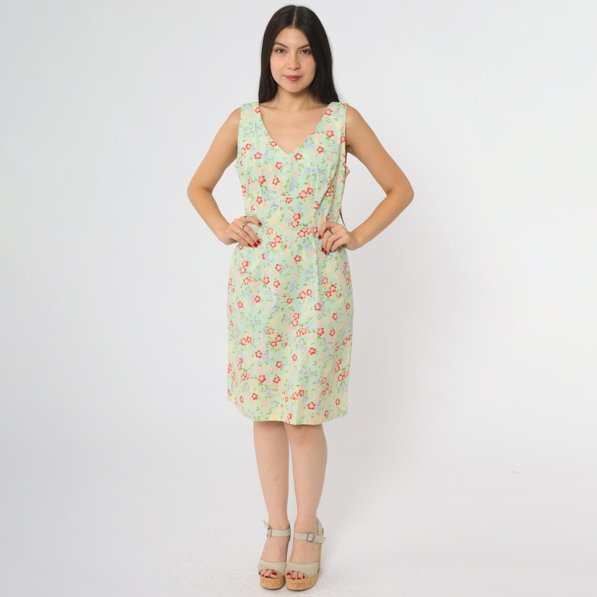 90s CDC Mint Floral Mini Dress Sleeveless V-Neck Small S