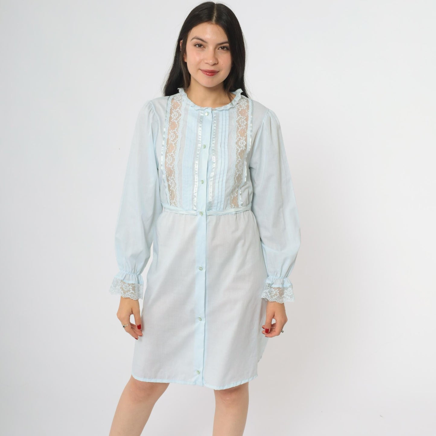 70s Powder Blue Babydoll Dress Lace Trim Puffy Sleeve Empire Waist Medium
