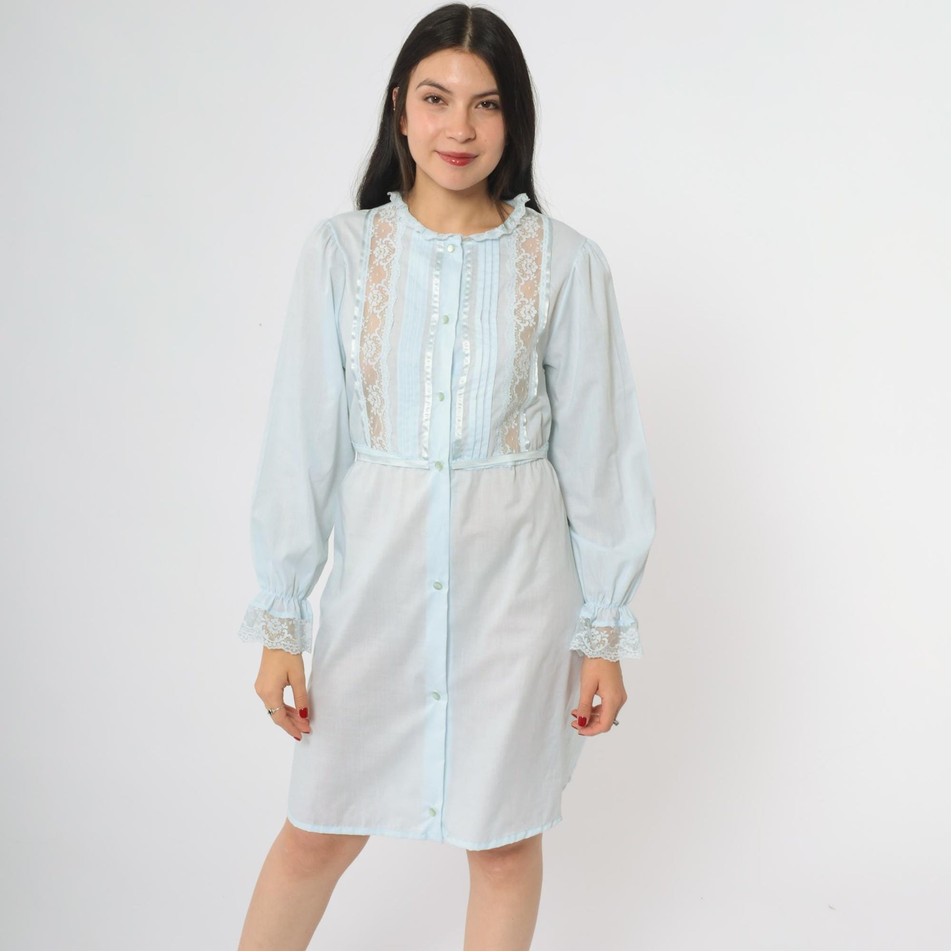 70s Powder Blue Babydoll Dress Lace Trim Puffy Sleeve Empire Waist Medium