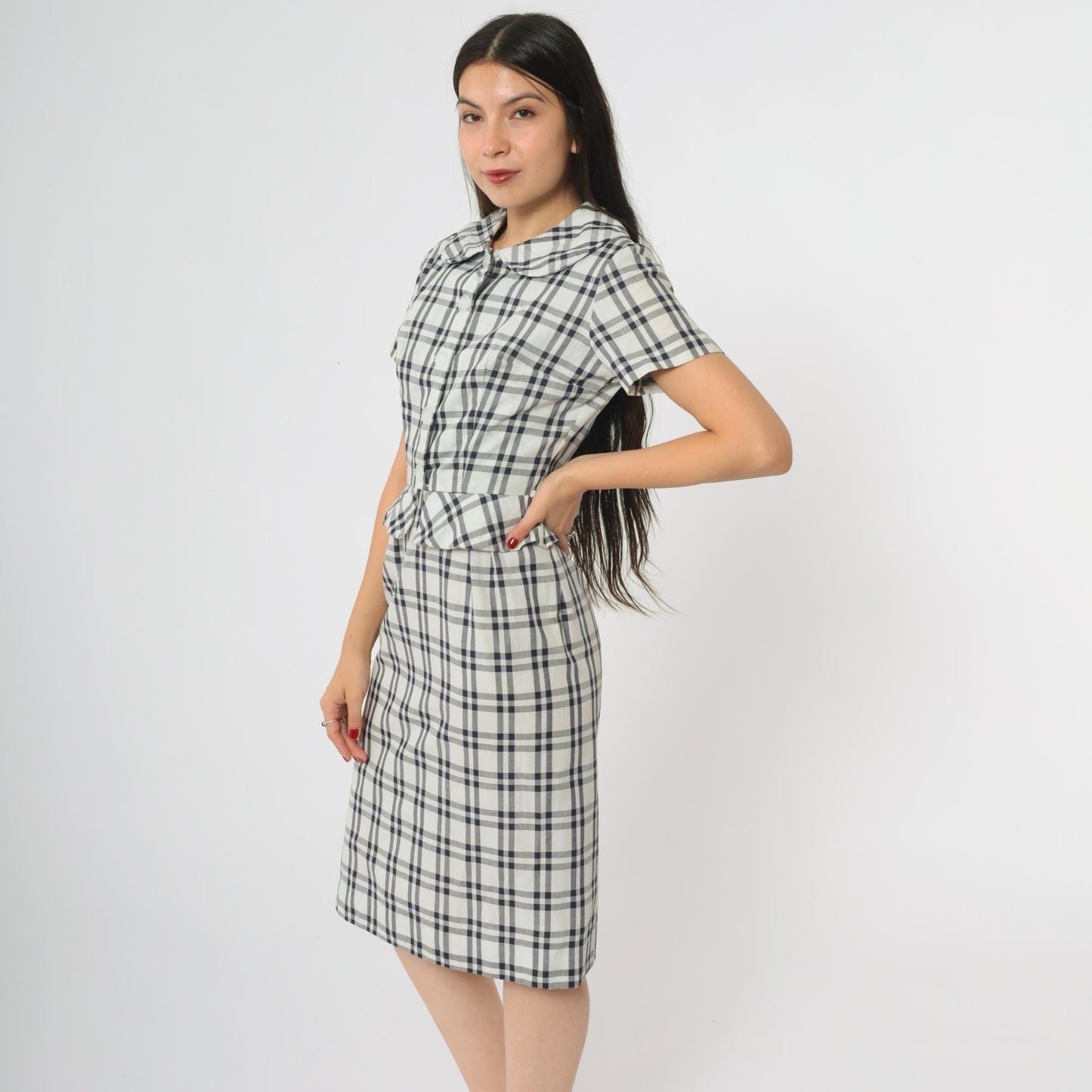 60s Betty Barclay Plaid Two Piece Set Navy White Check Jacket Dress XS