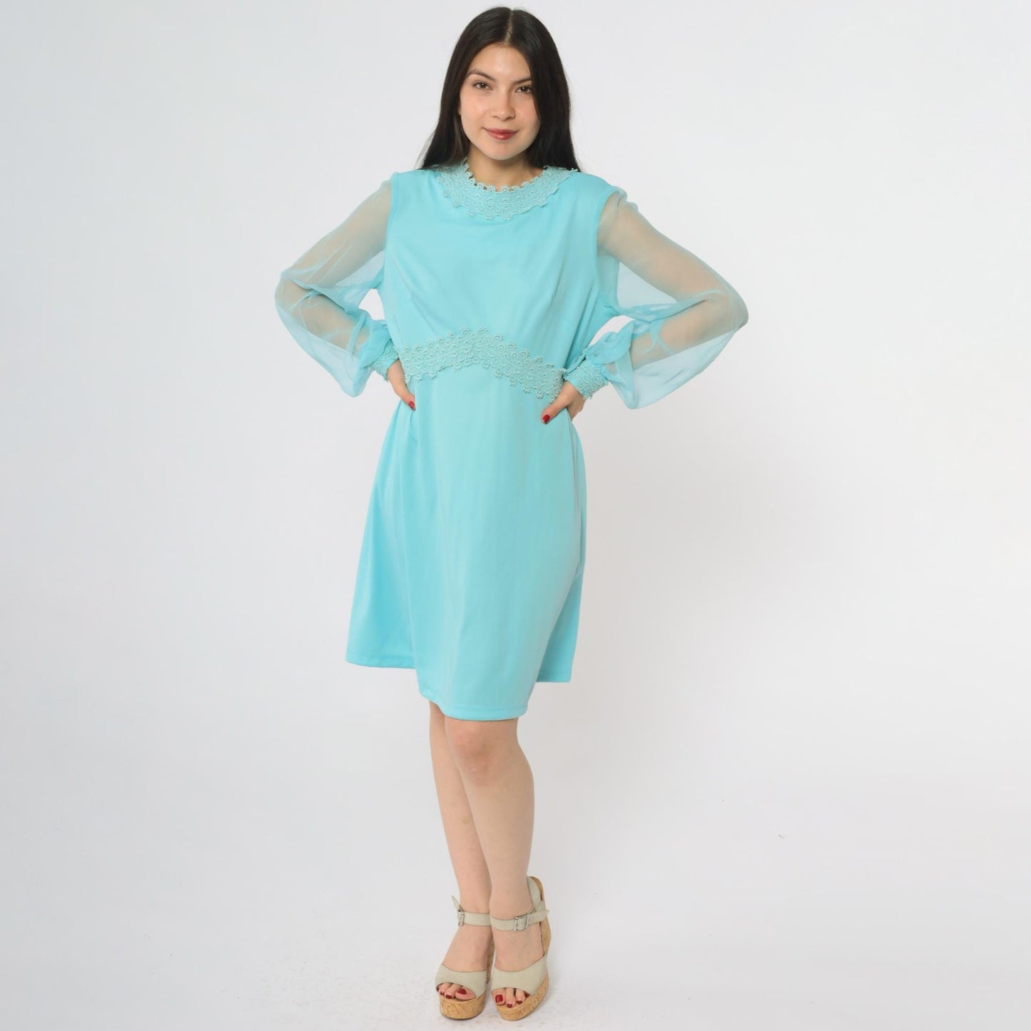 70s Turquoise Mini Dress Empire Waist Lace Trim Long Sheer Sleeves Large L