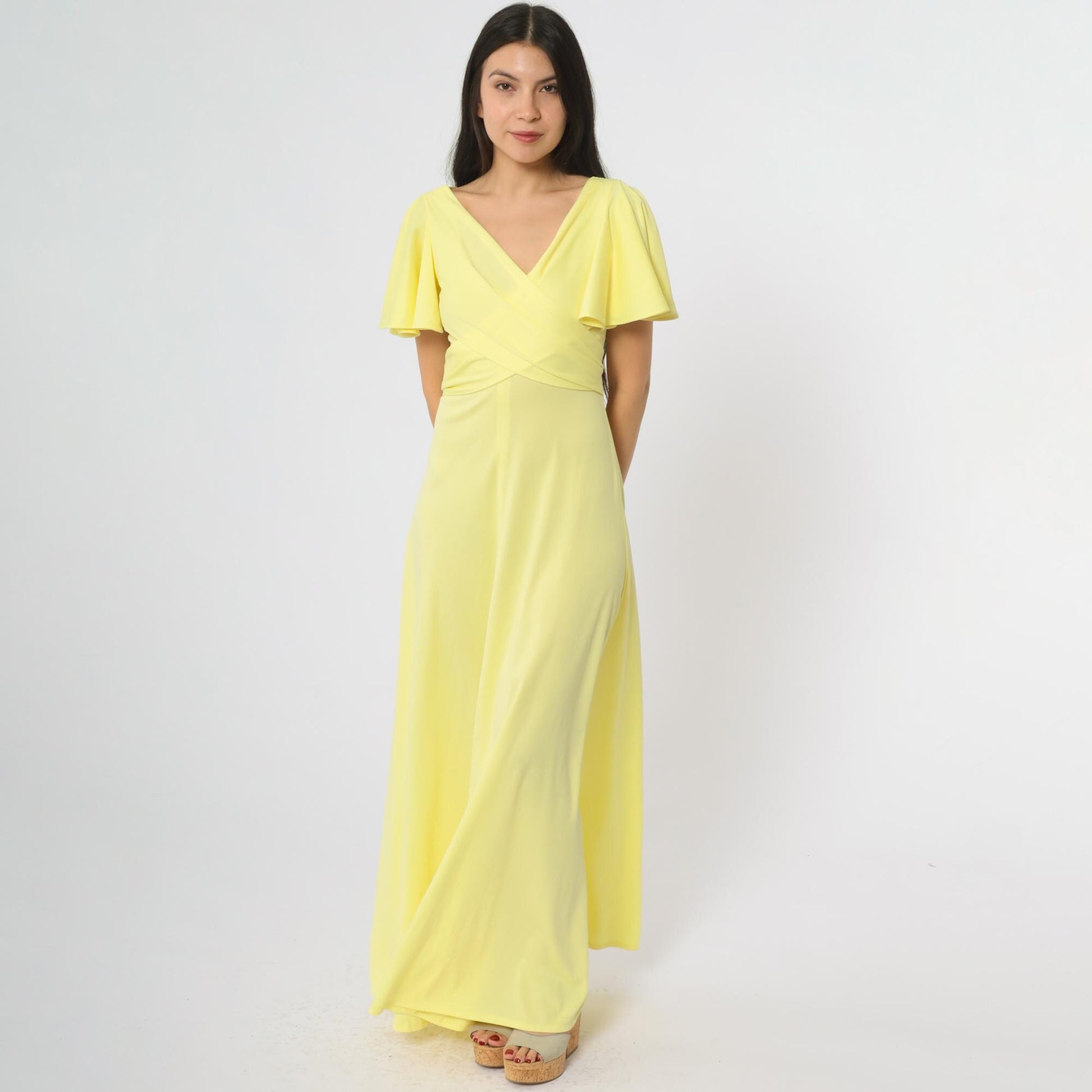 70s Yellow Maxi Wrap Dress Flutter Sleeves V-Neck Tie Waist Small