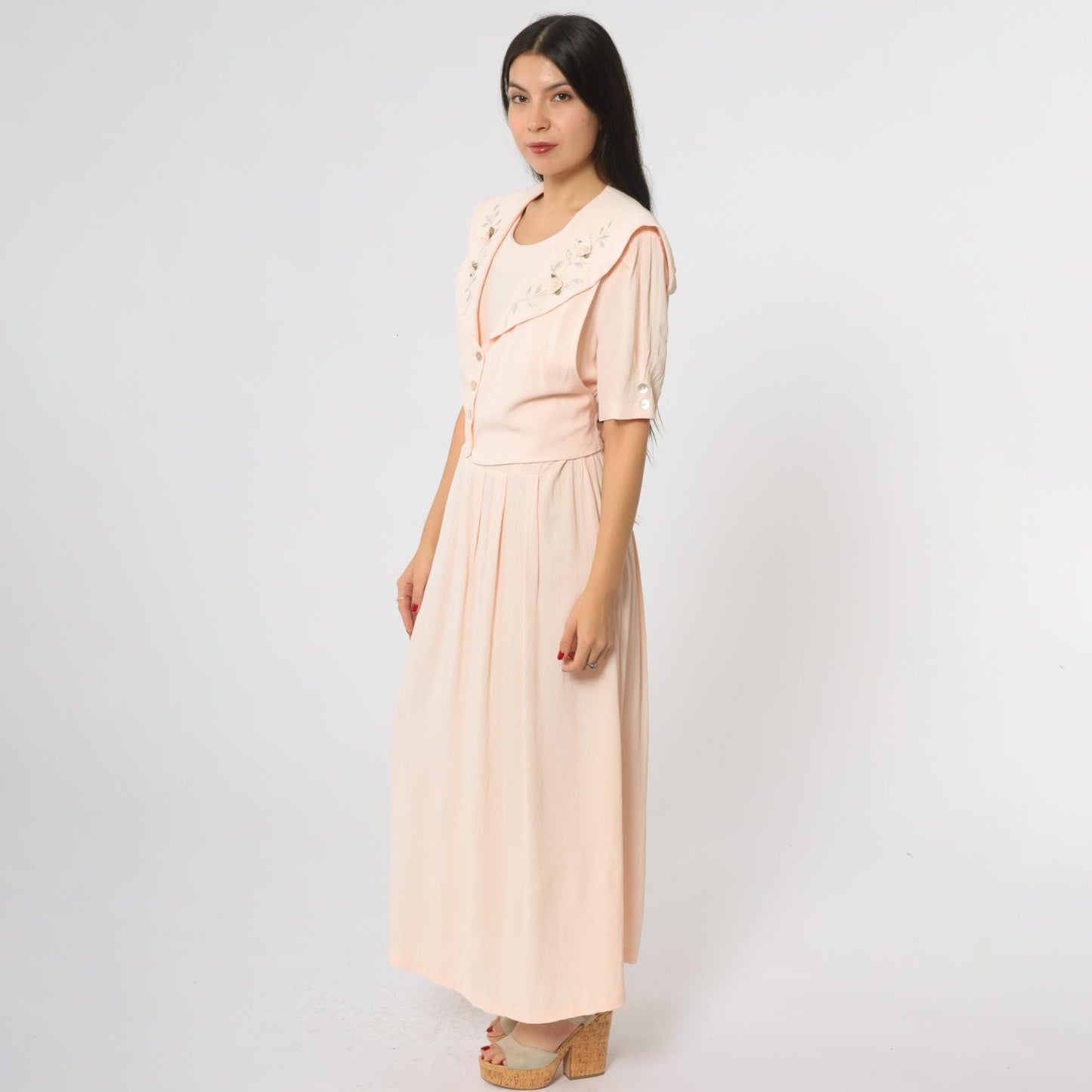 90s JBS LTD Rose Embroidered Maxi Dress Blush Pink Puff Sleeve Large