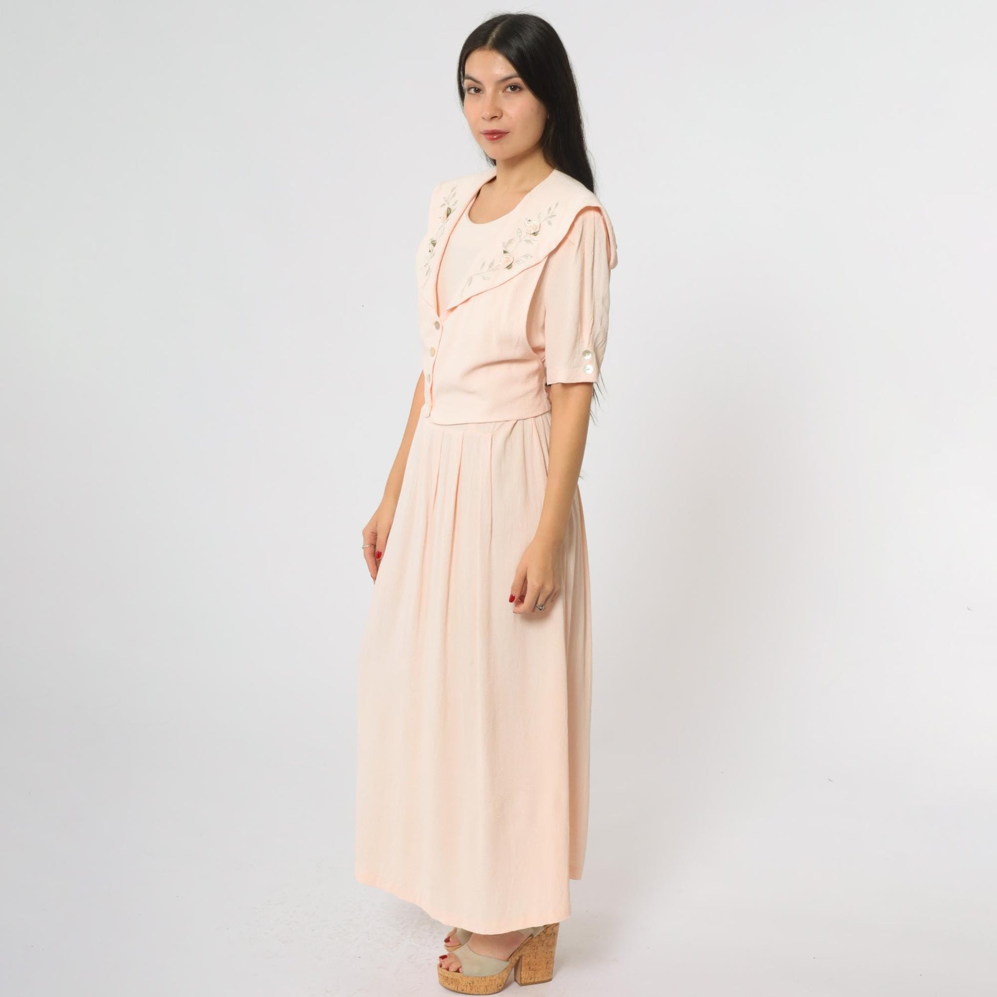 90s JBS LTD Rose Embroidered Maxi Dress Blush Pink Puff Sleeve Large