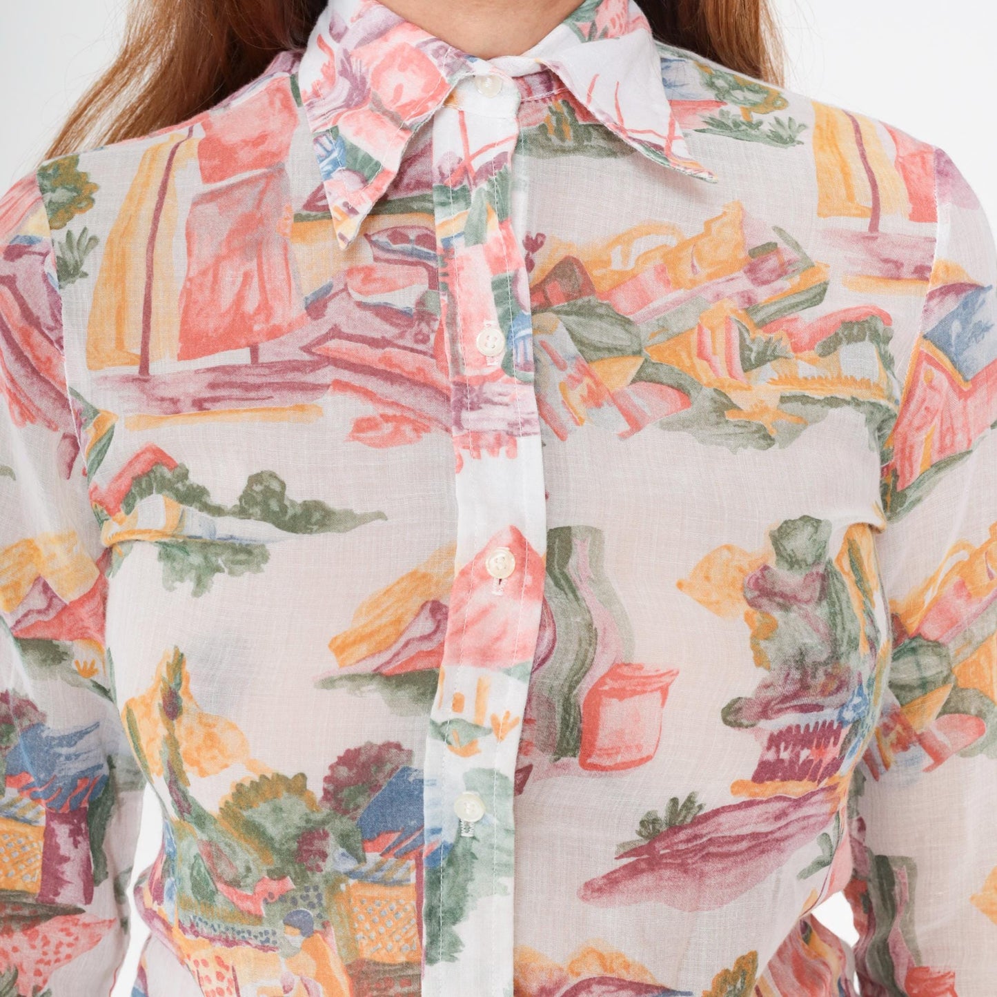 70s Ship N Shore Watercolor Landscape Blouse Sheer Button Up Small