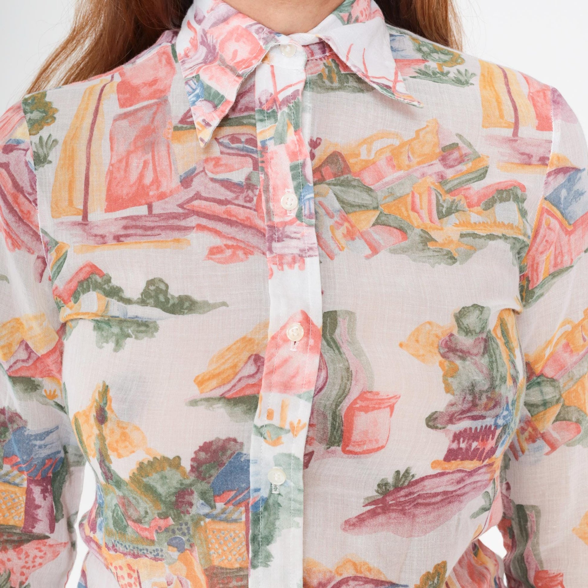 70s Ship N Shore Watercolor Landscape Blouse Sheer Button Up Small
