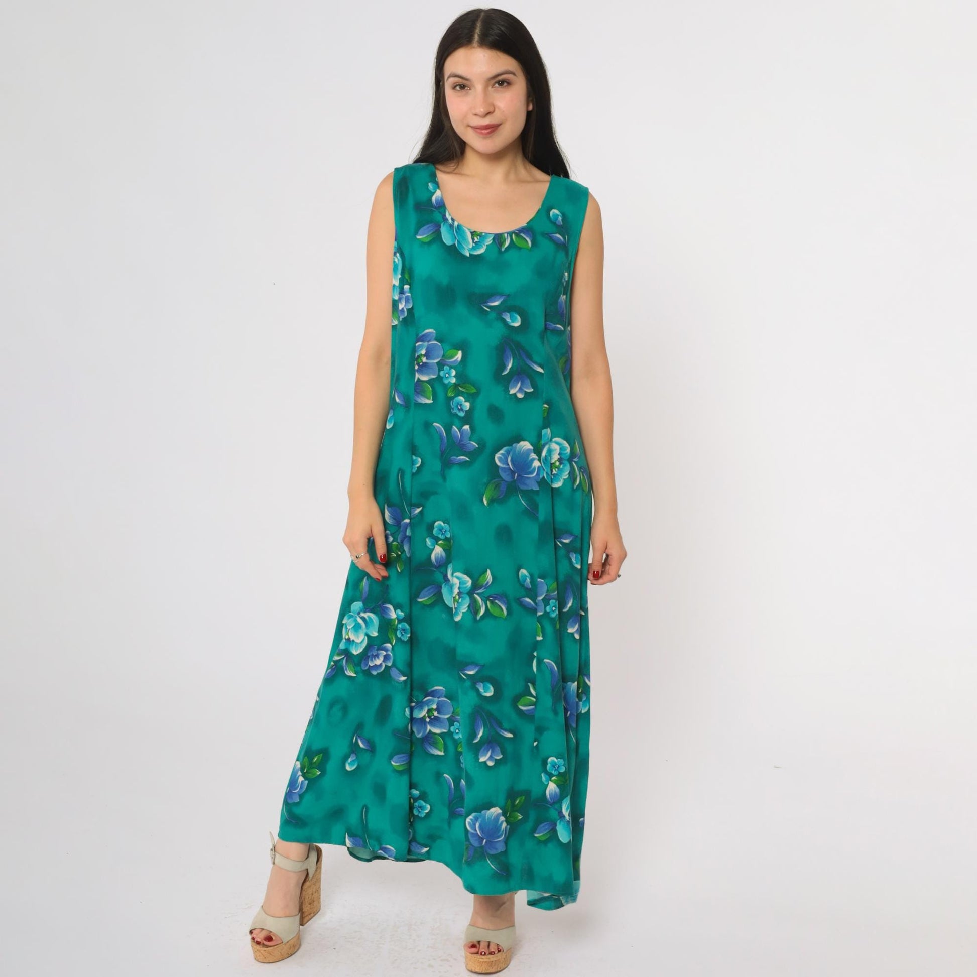 90s Emerald Green Floral Maxi Dress Sleeveless Scoop Neck Large