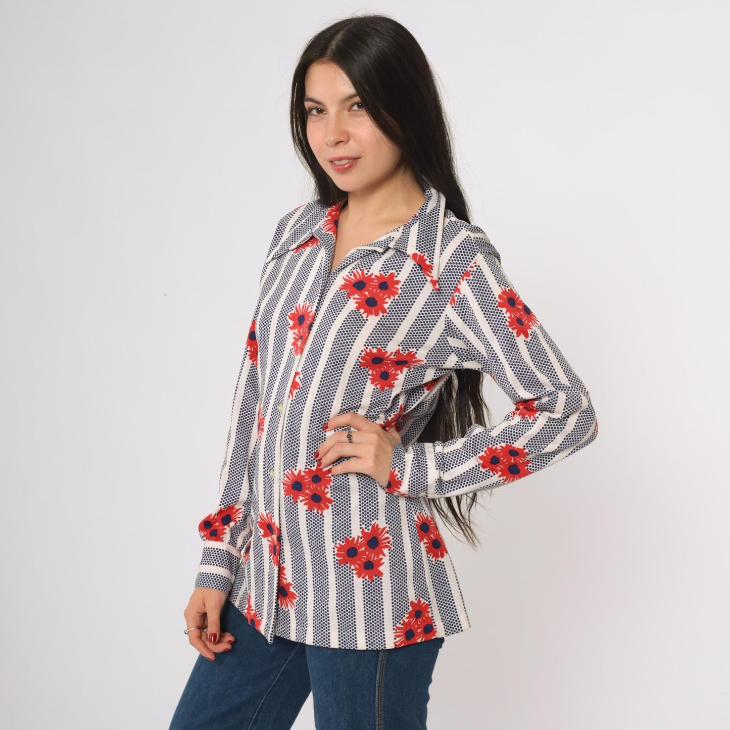 70s Shapely Floral Striped Button Down Shirt Navy Red Daisy Large L