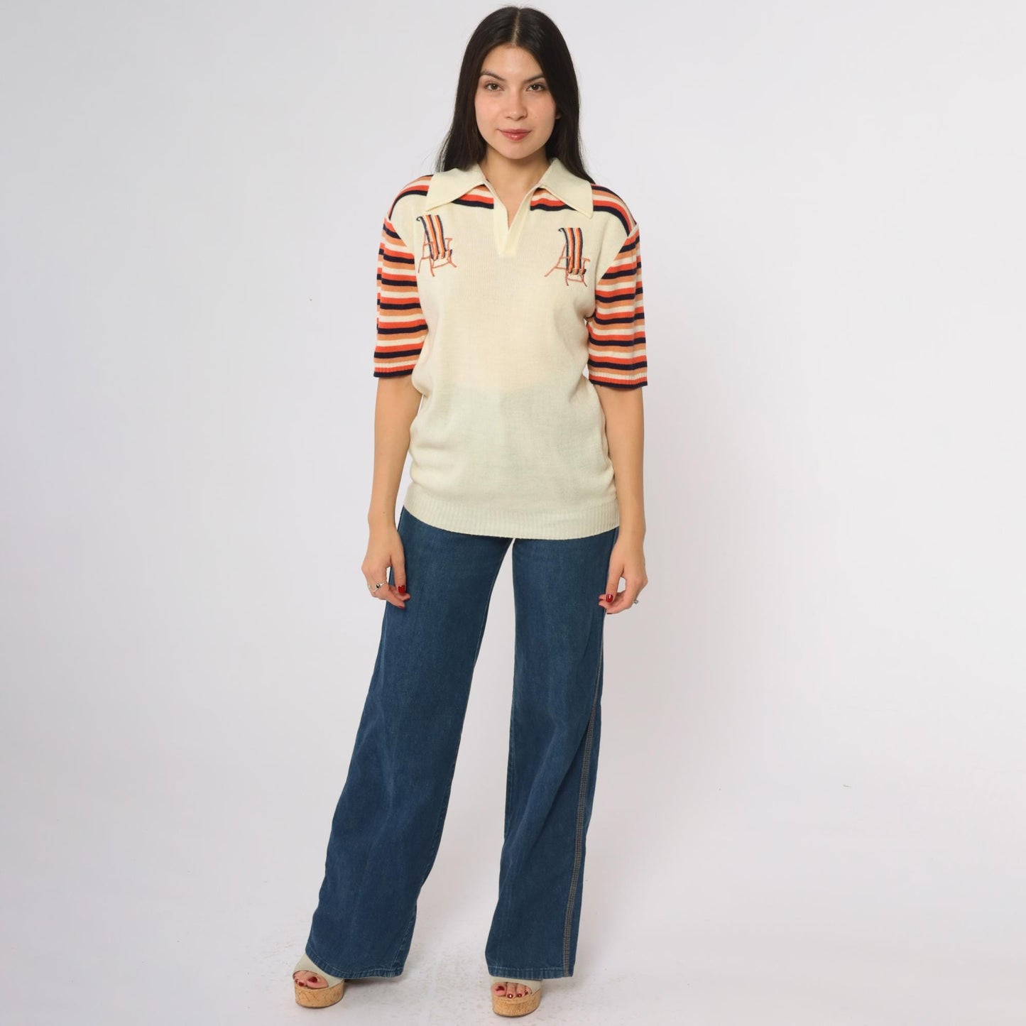 70s Sundowner Knit Polo Shirt Cream Orange Navy Striped Deck Chair Large