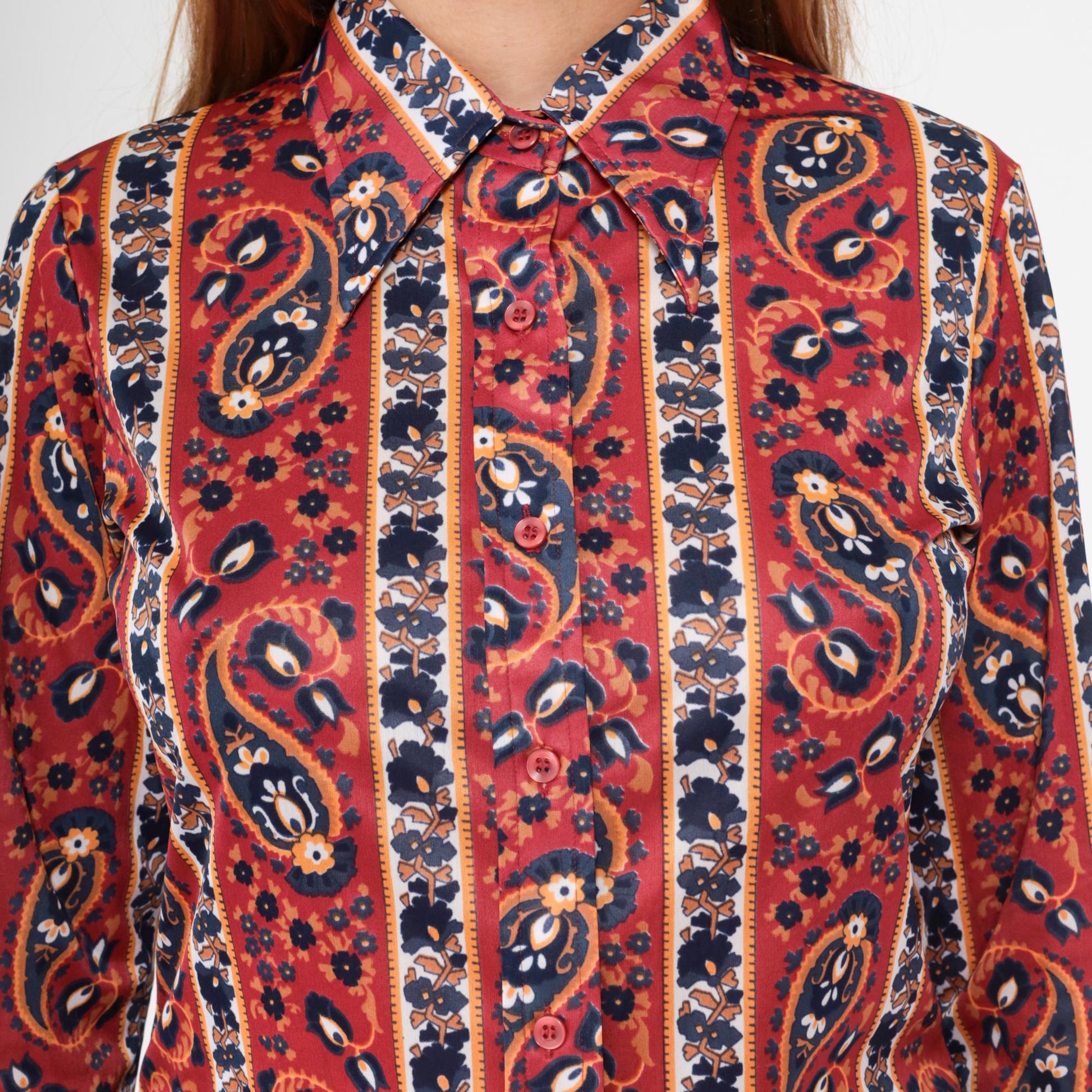 70s Paisley Dagger Collar Blouse Rust Red Button Up Long Sleeve Medium